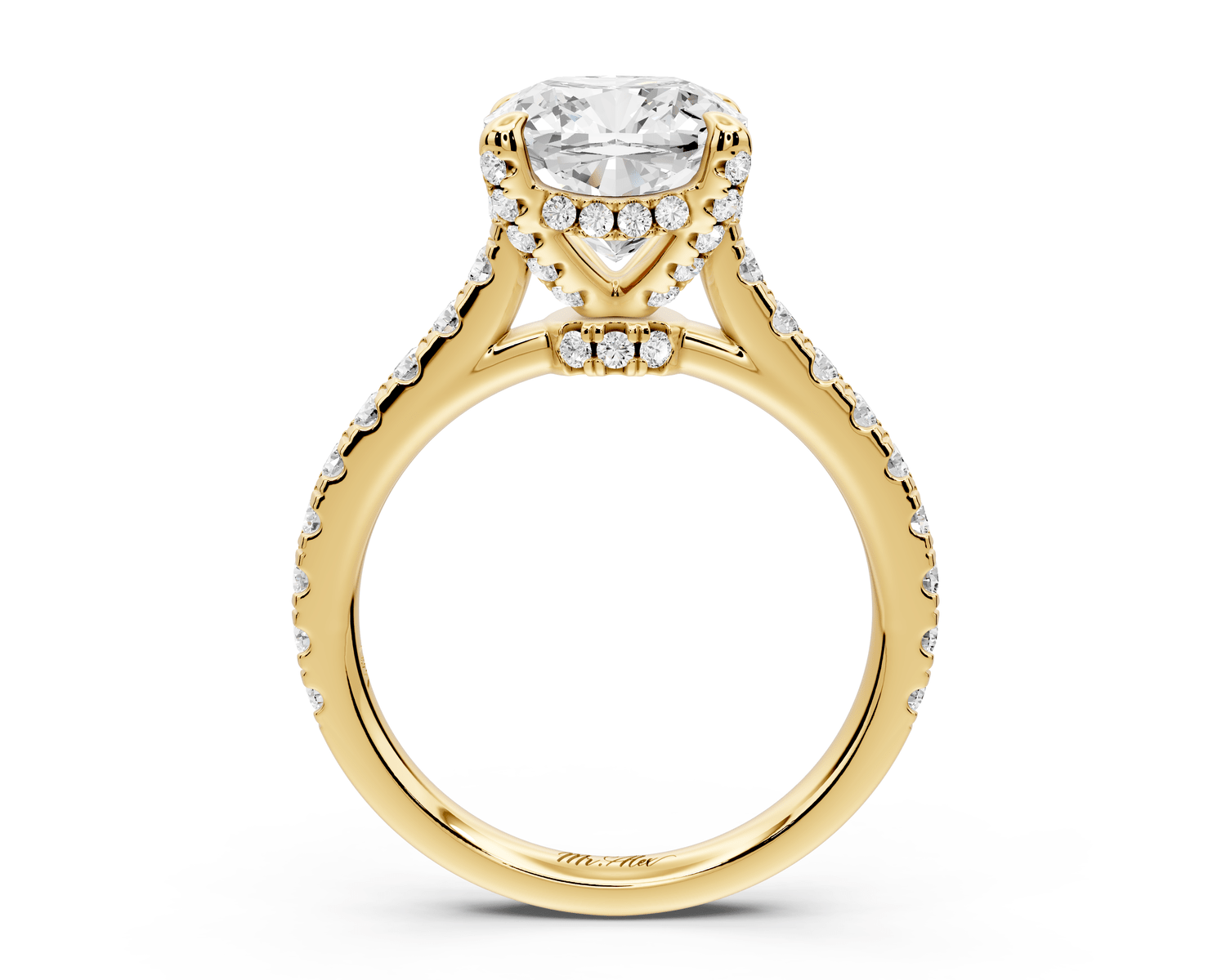 Iris - 3ct 14k yellow gold Three stone cushion Halo engagement ring - Mr. Alex Jewelry