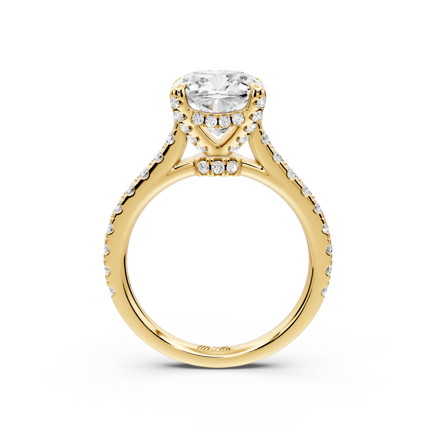 Iris - 3ct 14k yellow gold Three stone cushion Halo engagement ring - Mr. Alex Jewelry