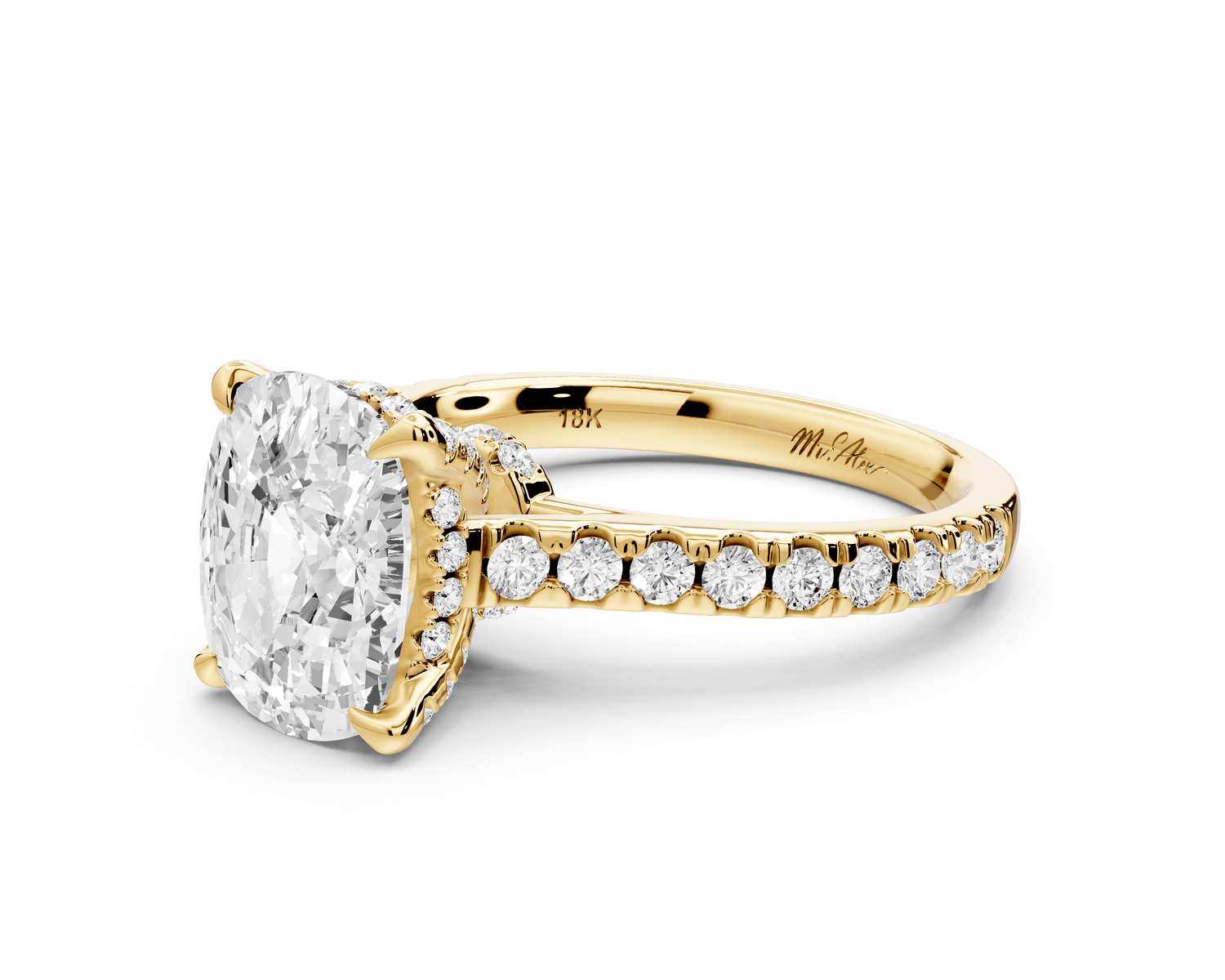 Iris - 3ct 14k yellow gold Three stone Elongated Cushion Halo engagement ring - Mr. Alex Jewelry