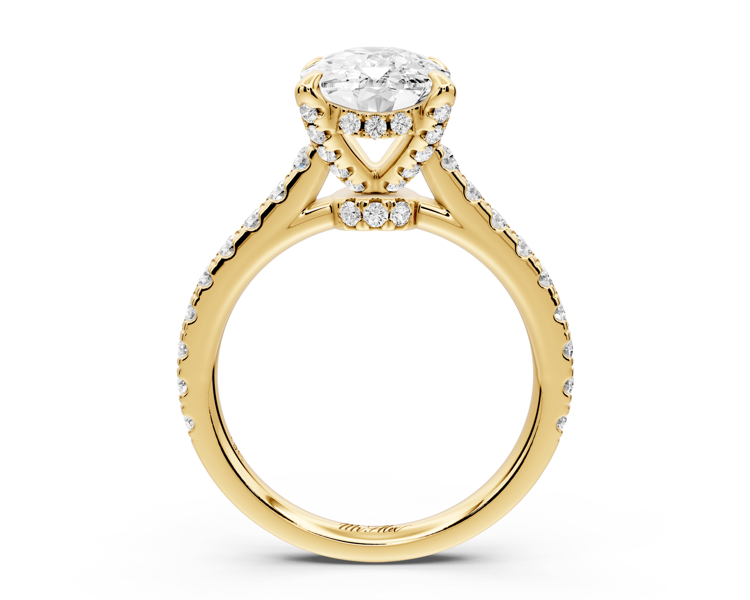 Iris - 3ct 14k yellow gold Three stone Elongated Cushion Halo engagement ring - Mr. Alex Jewelry