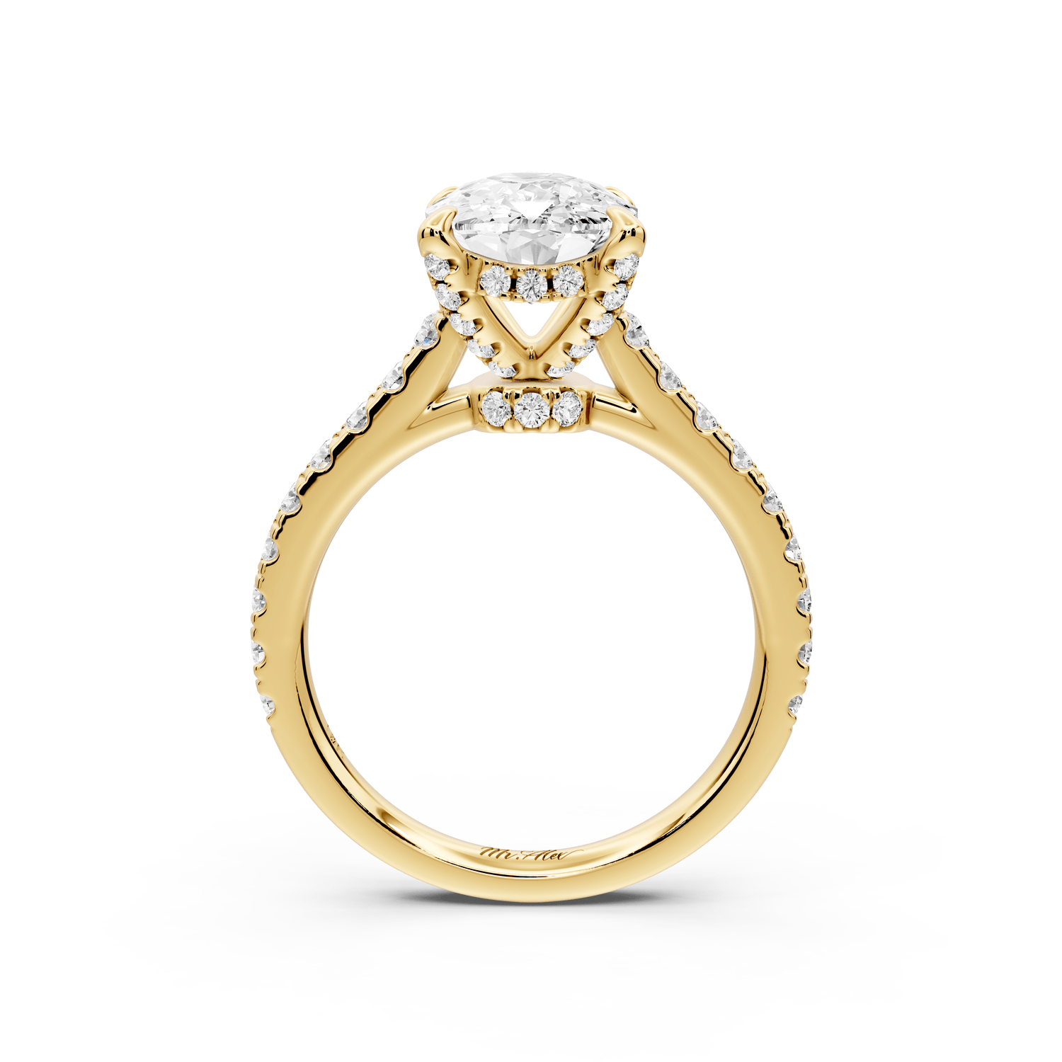 Iris - 3ct 14k yellow gold Three stone Elongated Cushion Halo engagement ring - Mr. Alex Jewelry