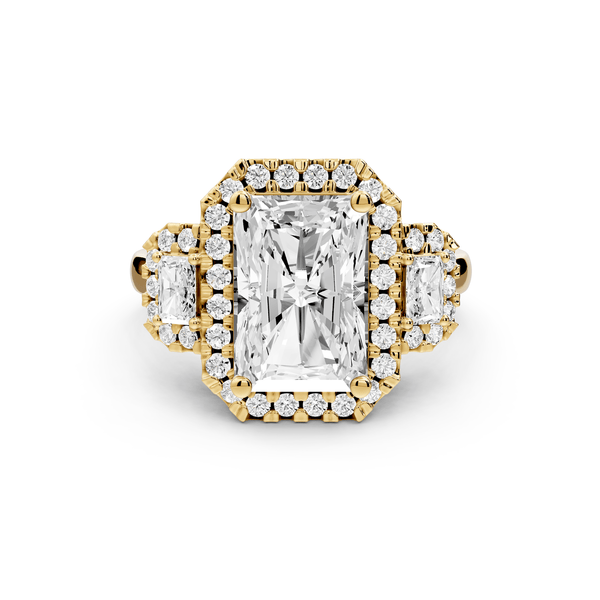 Iris - 3ct 14k yellow gold Three stone radiant Halo engagement ring - Mr. Alex Jewelry