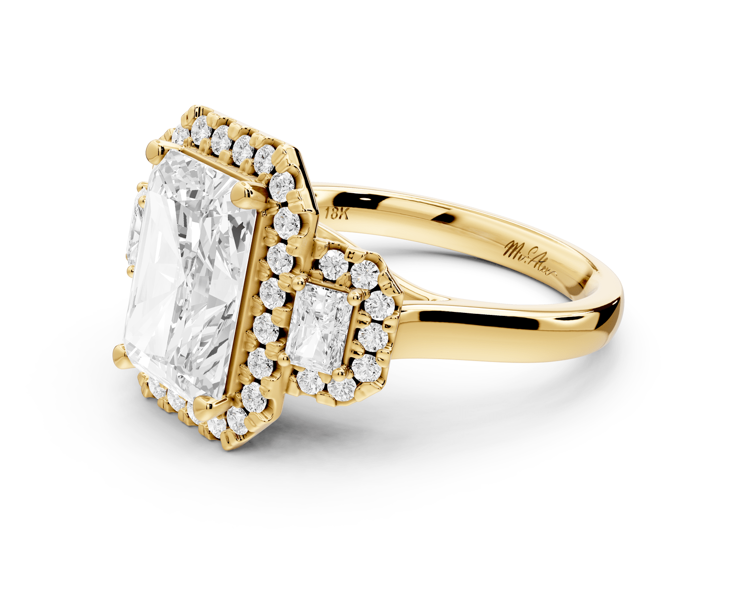 Iris - 3ct 14k yellow gold Three stone radiant Halo engagement ring - Mr. Alex Jewelry
