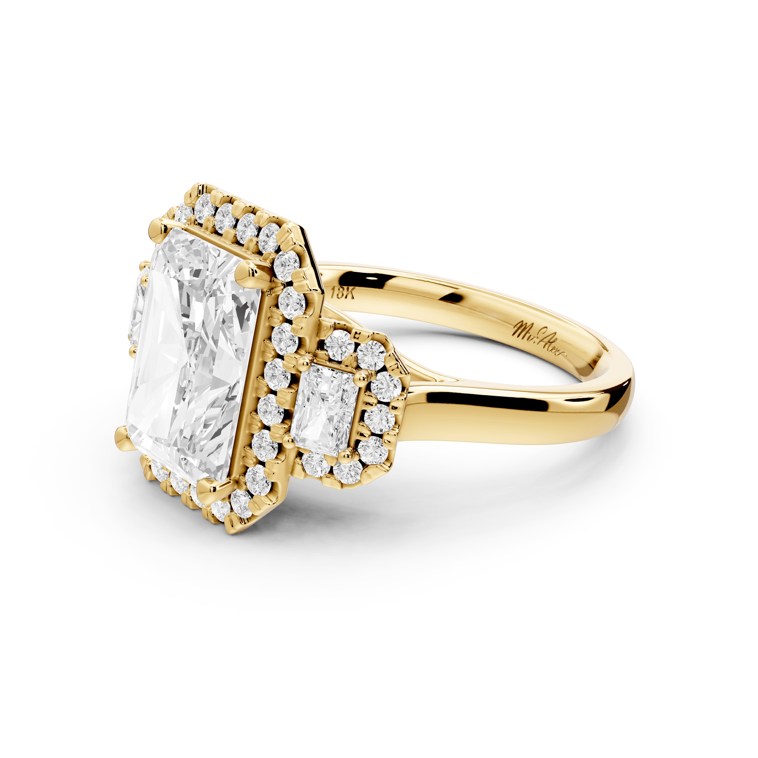 Iris - 3ct 14k yellow gold Three stone radiant Halo engagement ring - Mr. Alex Jewelry