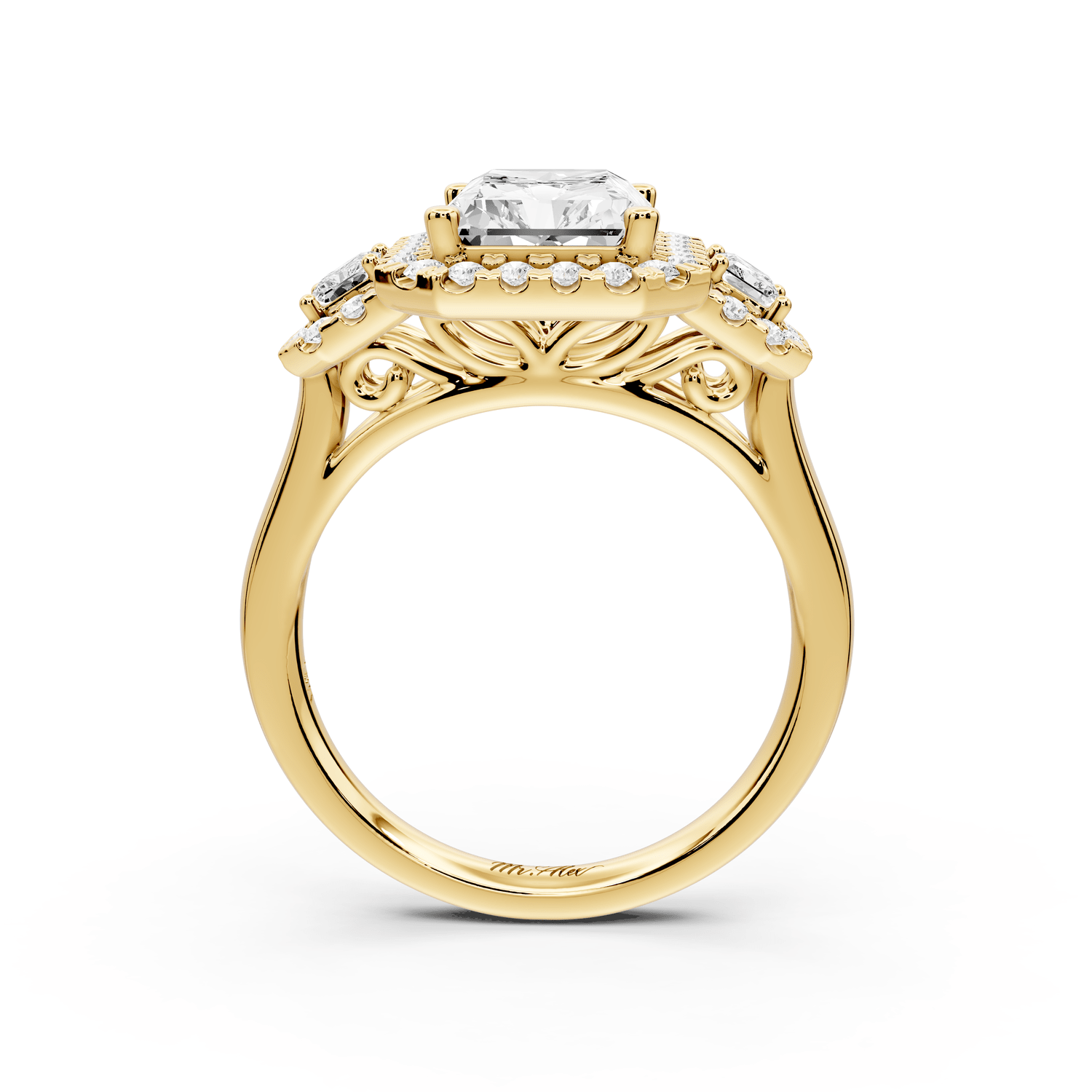 Iris - 3ct 14k yellow gold Three stone radiant Halo engagement ring - Mr. Alex Jewelry