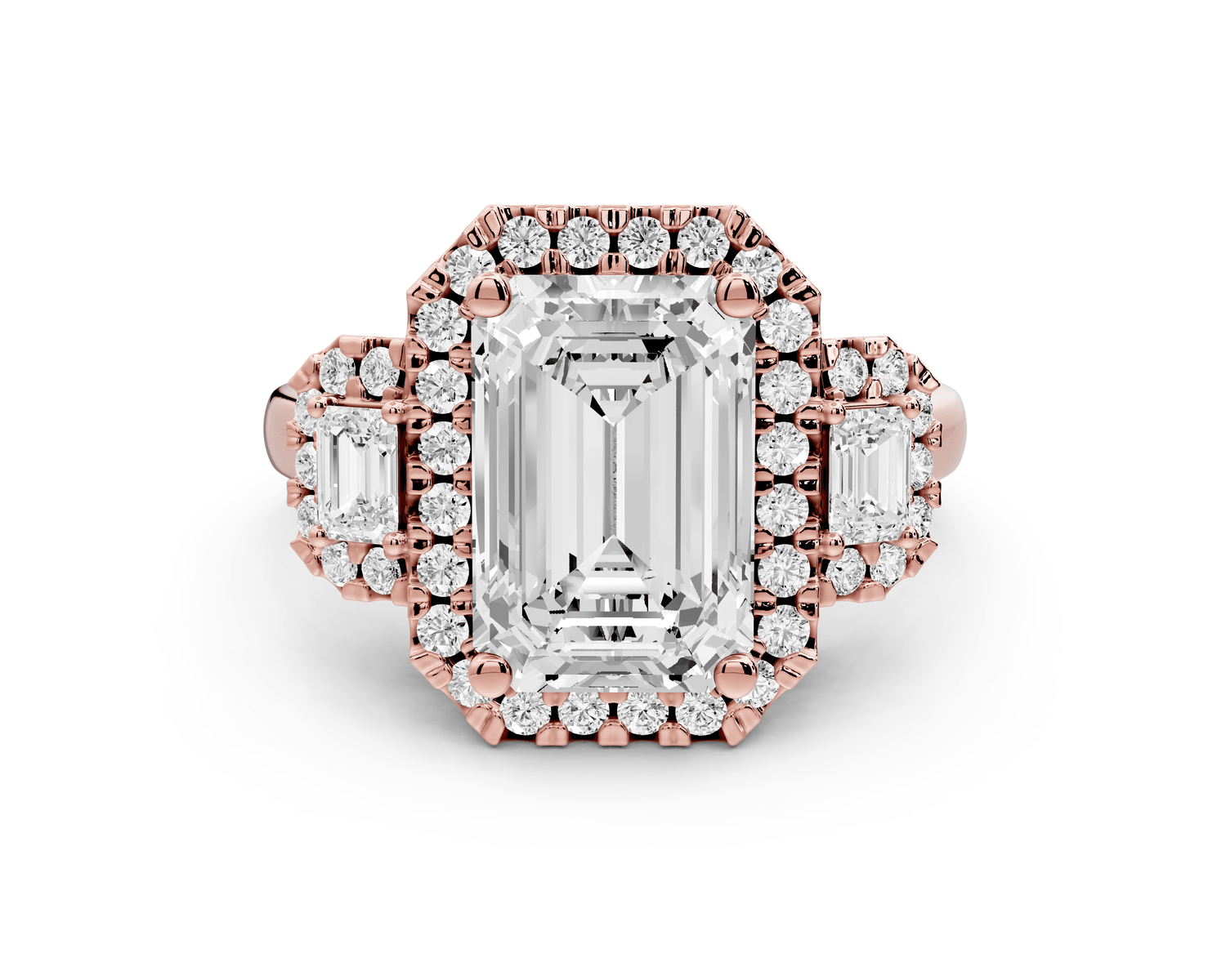 Iris - 3ct 18k rose gold Three stone emerald Halo engagement ring - Mr. Alex Jewelry