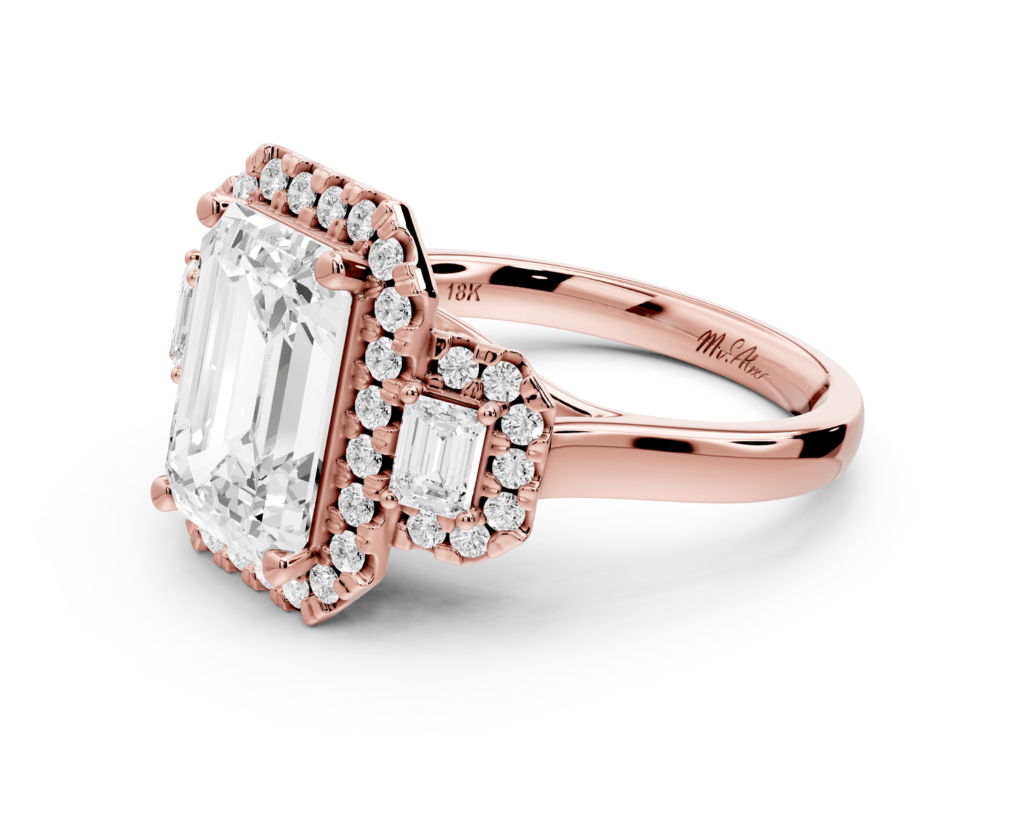 Iris - 3ct 18k rose gold Three stone emerald Halo engagement ring - Mr. Alex Jewelry