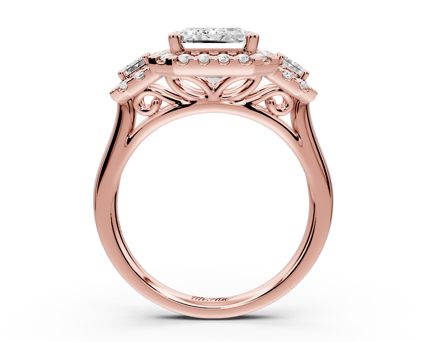 Iris - 3ct 18k rose gold Three stone emerald Halo engagement ring - Mr. Alex Jewelry