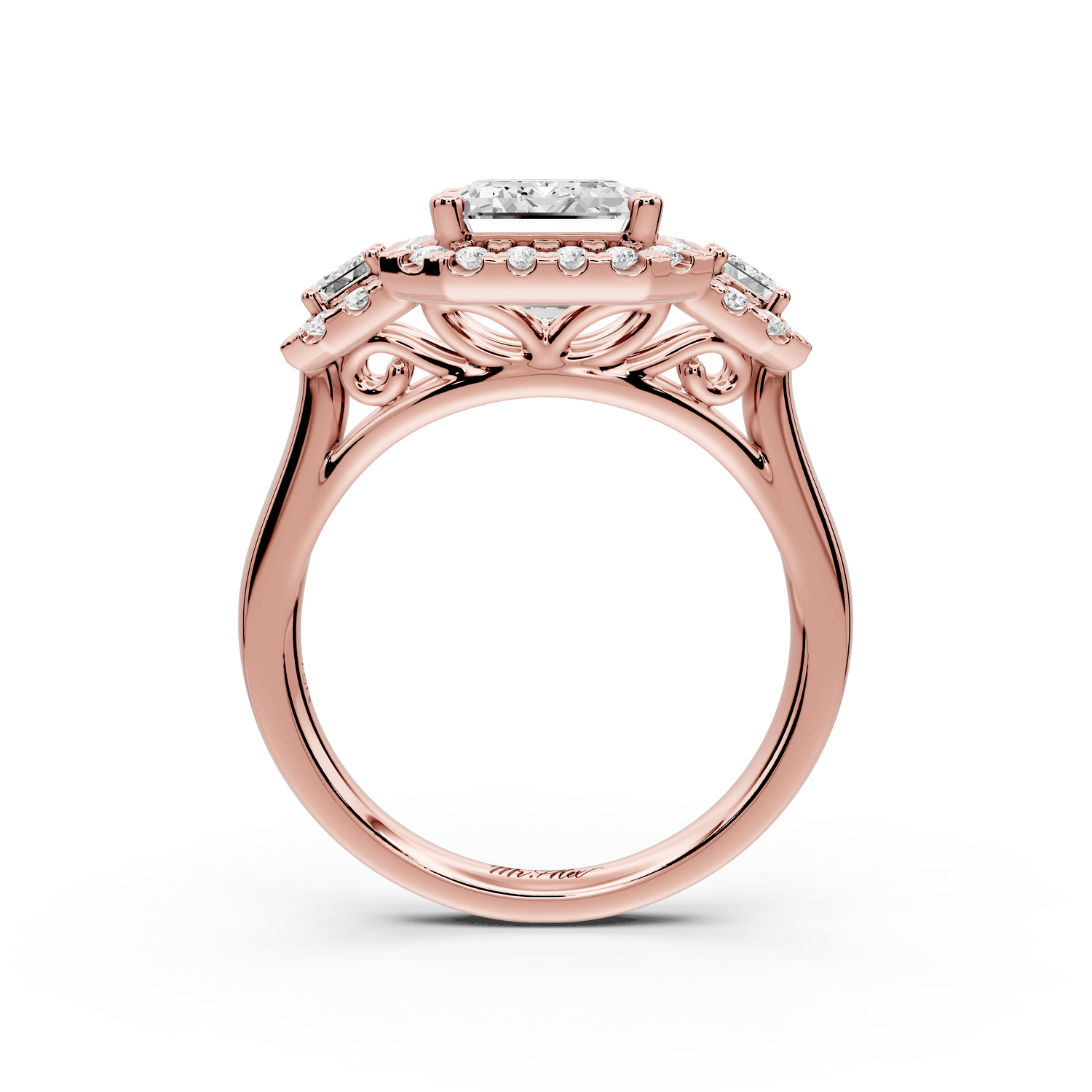 Iris - 3ct 18k rose gold Three stone emerald Halo engagement ring - Mr. Alex Jewelry