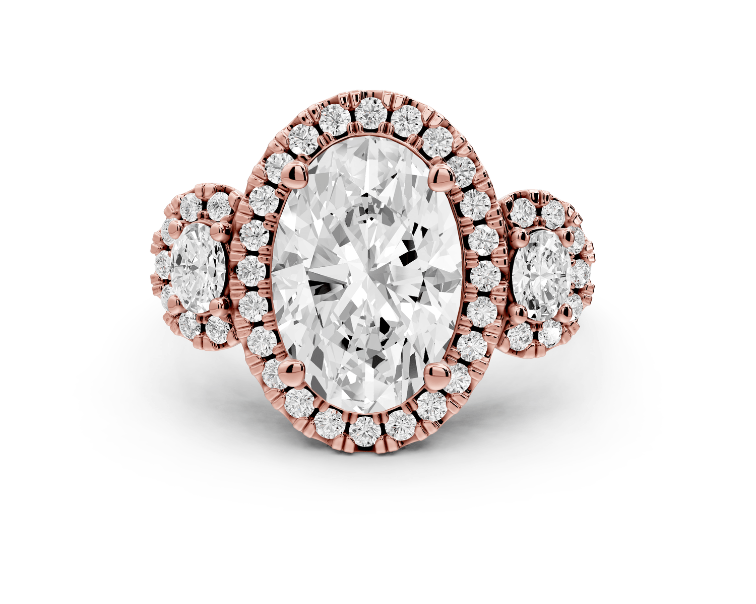 Iris - 3ct 18k rose gold Three stone oval Halo engagement ring - Mr. Alex Jewelry