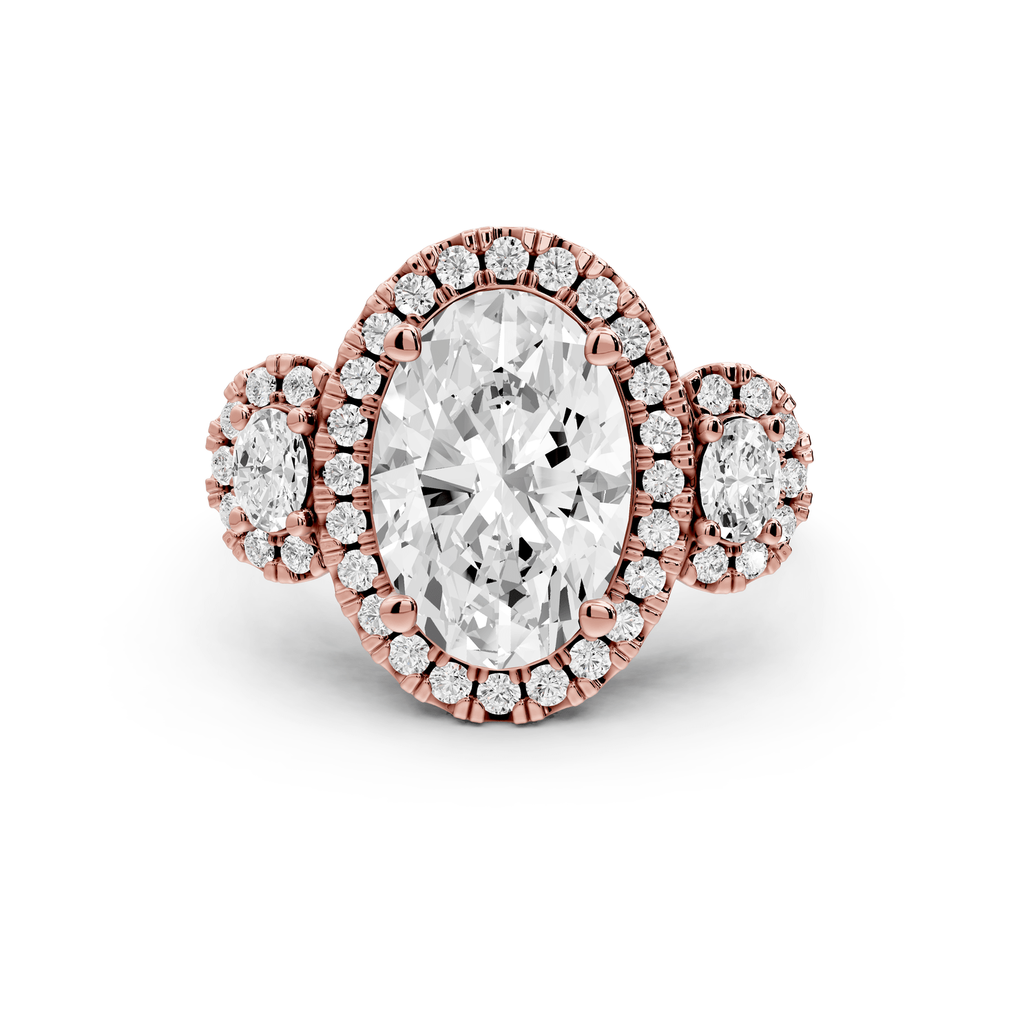 Iris - 3ct 18k rose gold Three stone oval Halo engagement ring - Mr. Alex Jewelry