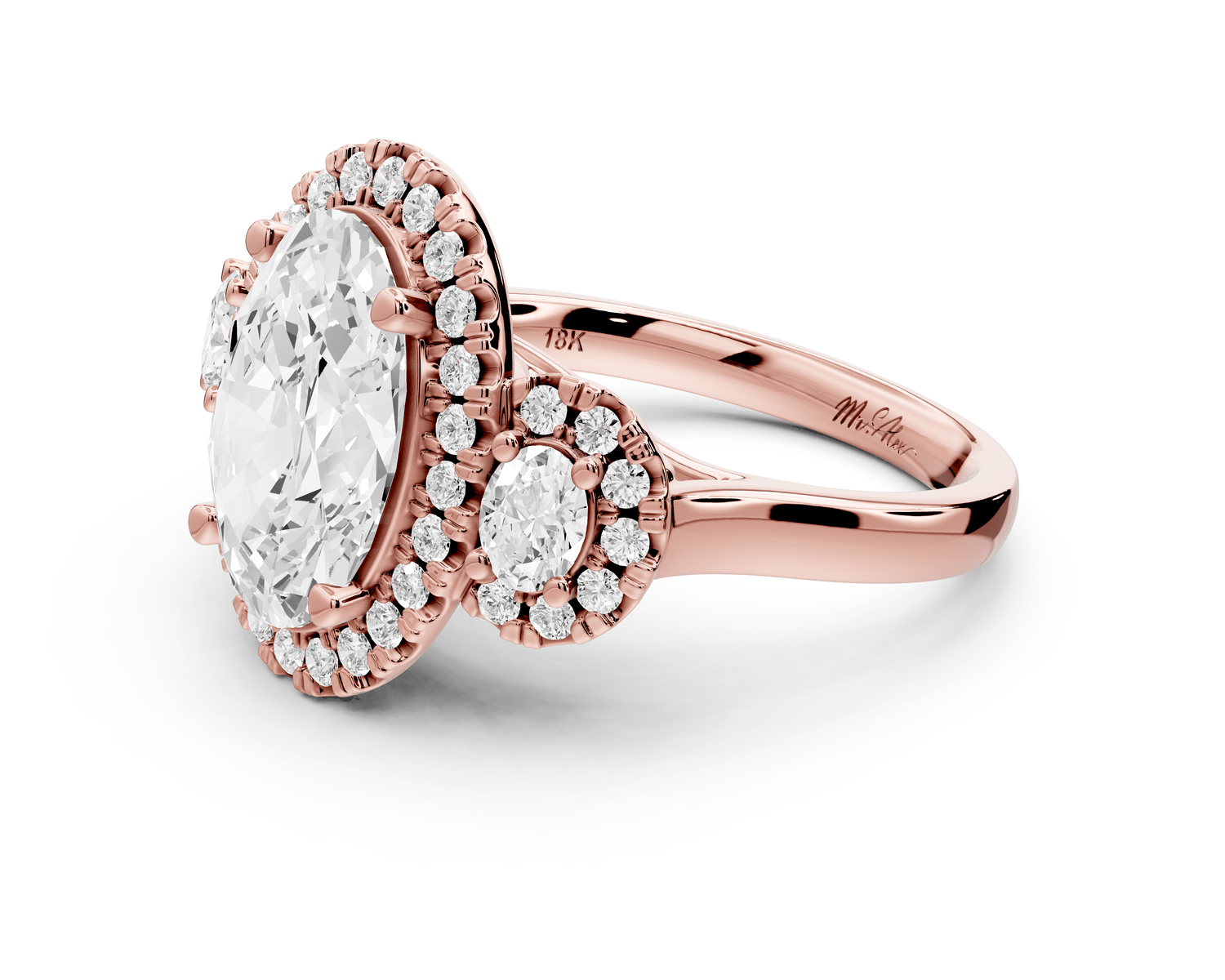 Iris - 3ct 18k rose gold Three stone oval Halo engagement ring - Mr. Alex Jewelry