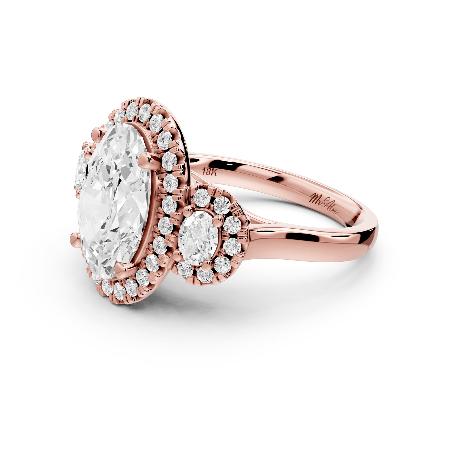 Iris - 3ct 18k rose gold Three stone oval Halo engagement ring - Mr. Alex Jewelry