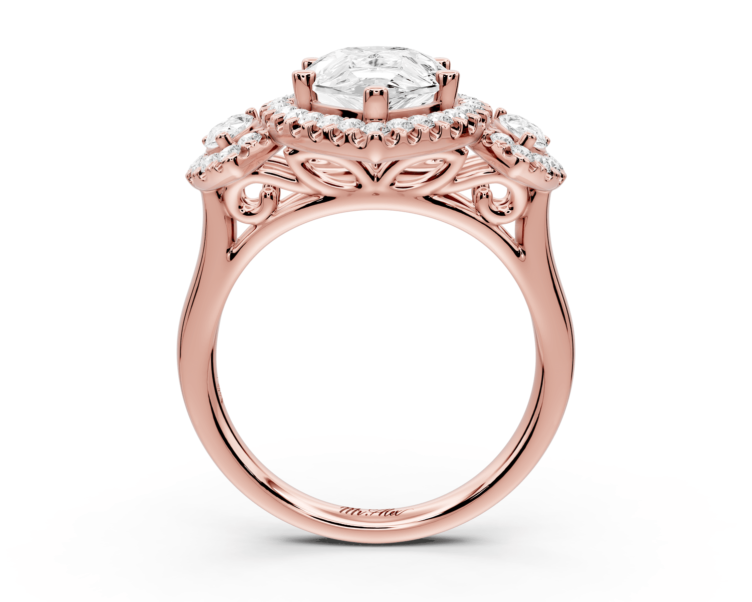Iris - 3ct 18k rose gold Three stone pear Halo engagement ring - Mr. Alex Jewelry