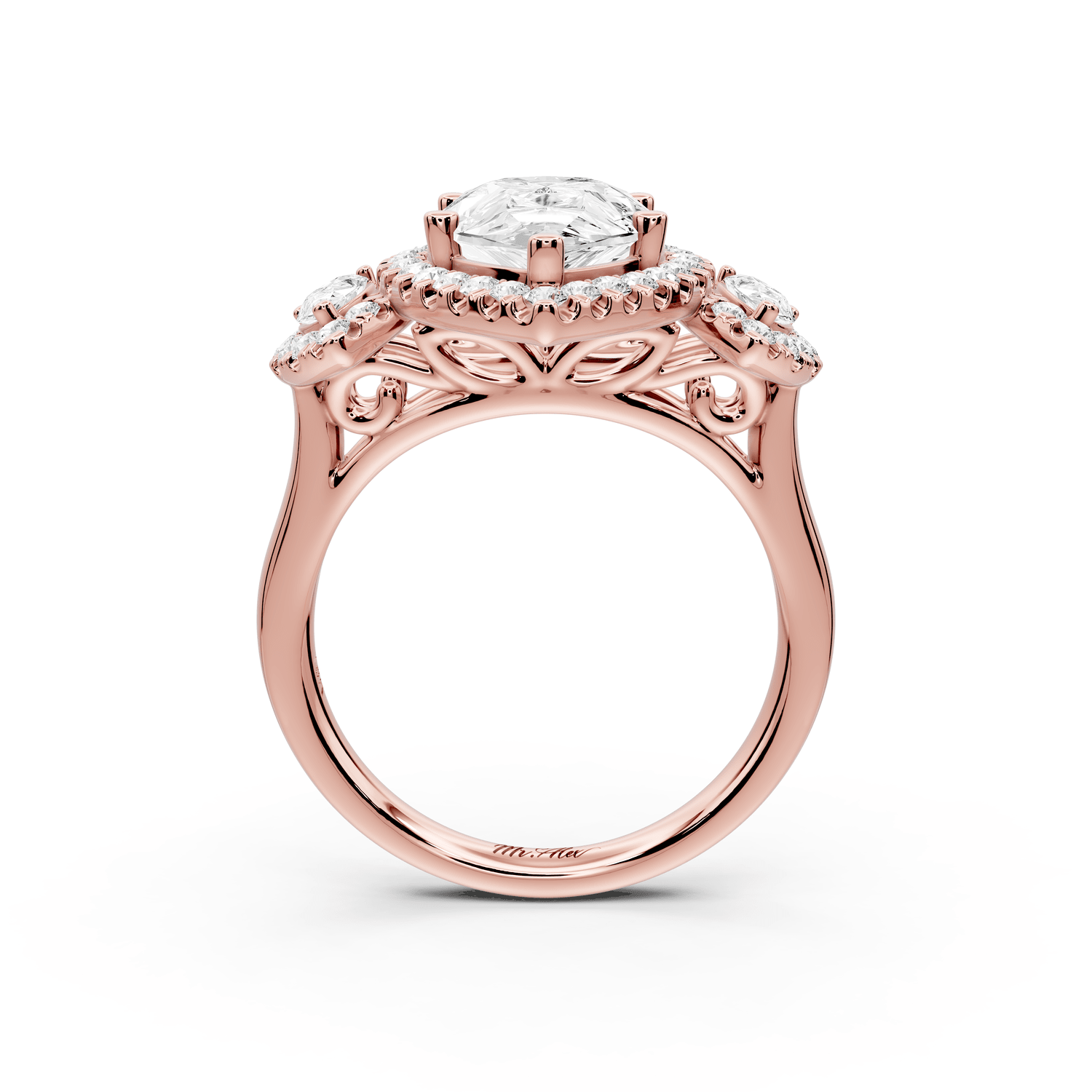 Iris - 3ct 18k rose gold Three stone pear Halo engagement ring - Mr. Alex Jewelry
