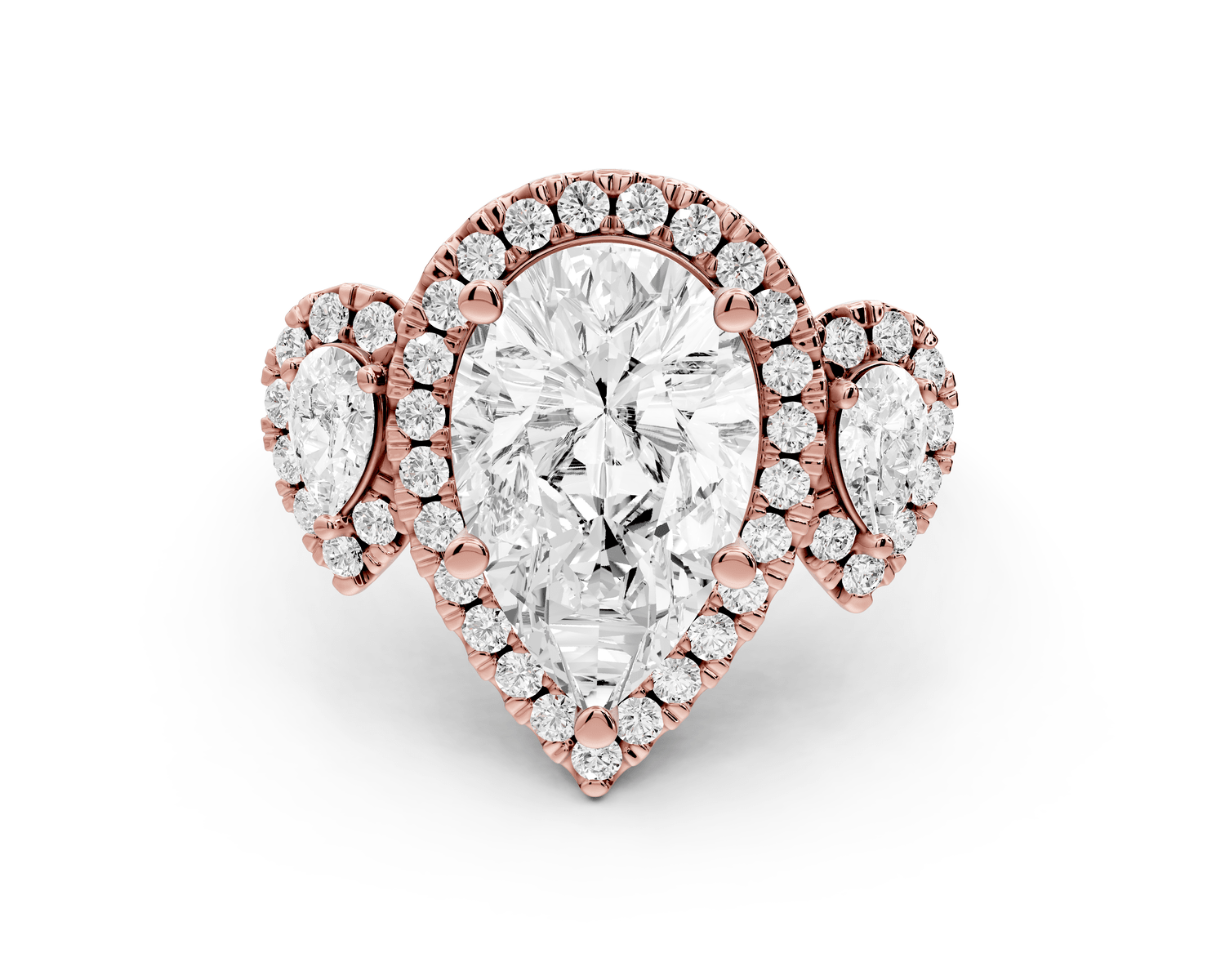 Iris - 3ct 18k rose gold Three stone pear Halo engagement ring - Mr. Alex Jewelry