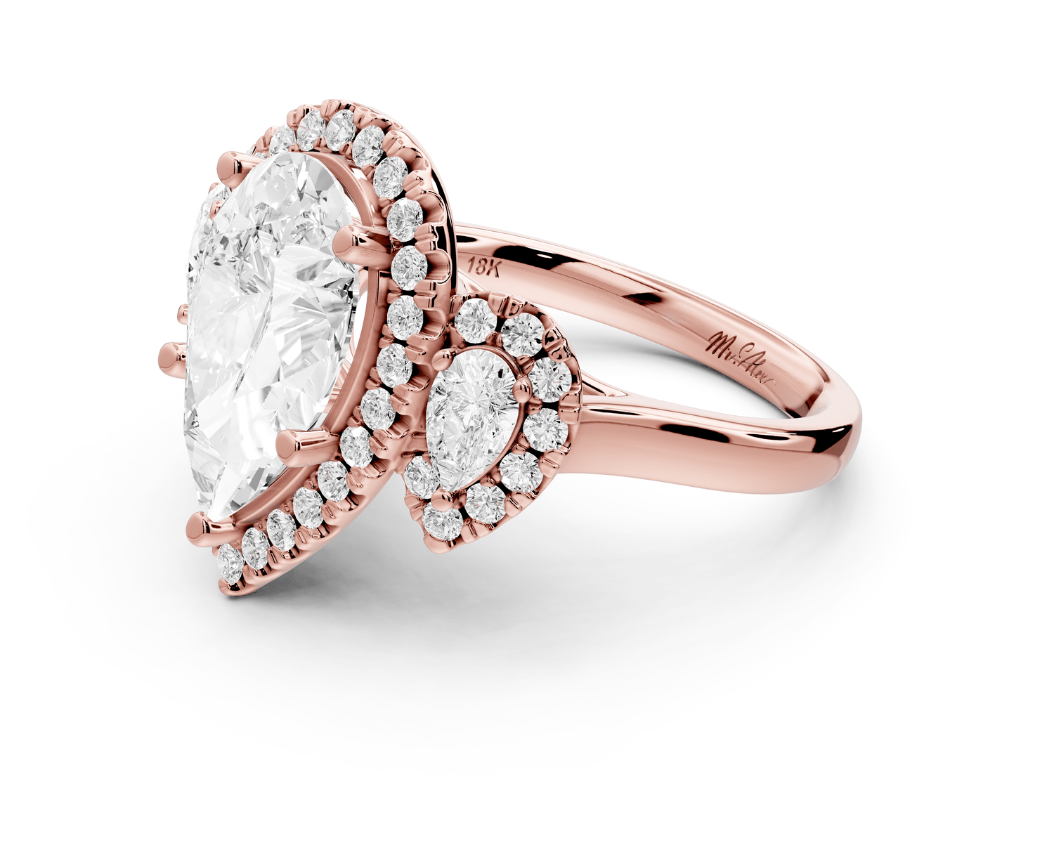 Iris - 3ct 18k rose gold Three stone pear Halo engagement ring - Mr. Alex Jewelry