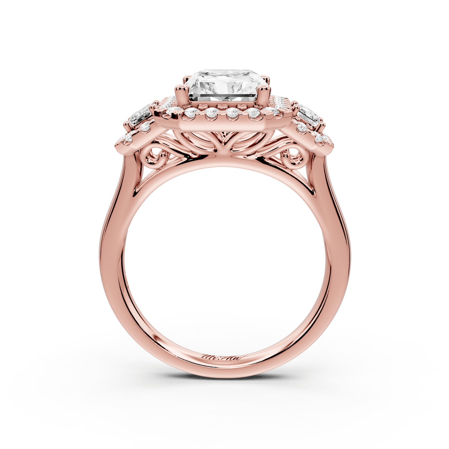 Iris - 3ct 18k rose gold Three stone radiant Halo engagement ring - Mr. Alex Jewelry
