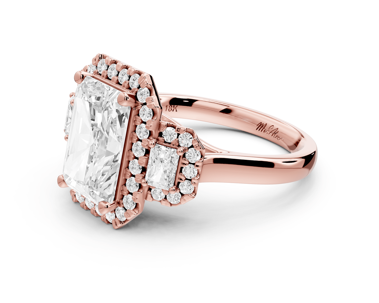 Iris - 3ct 18k rose gold Three stone radiant Halo engagement ring - Mr. Alex Jewelry