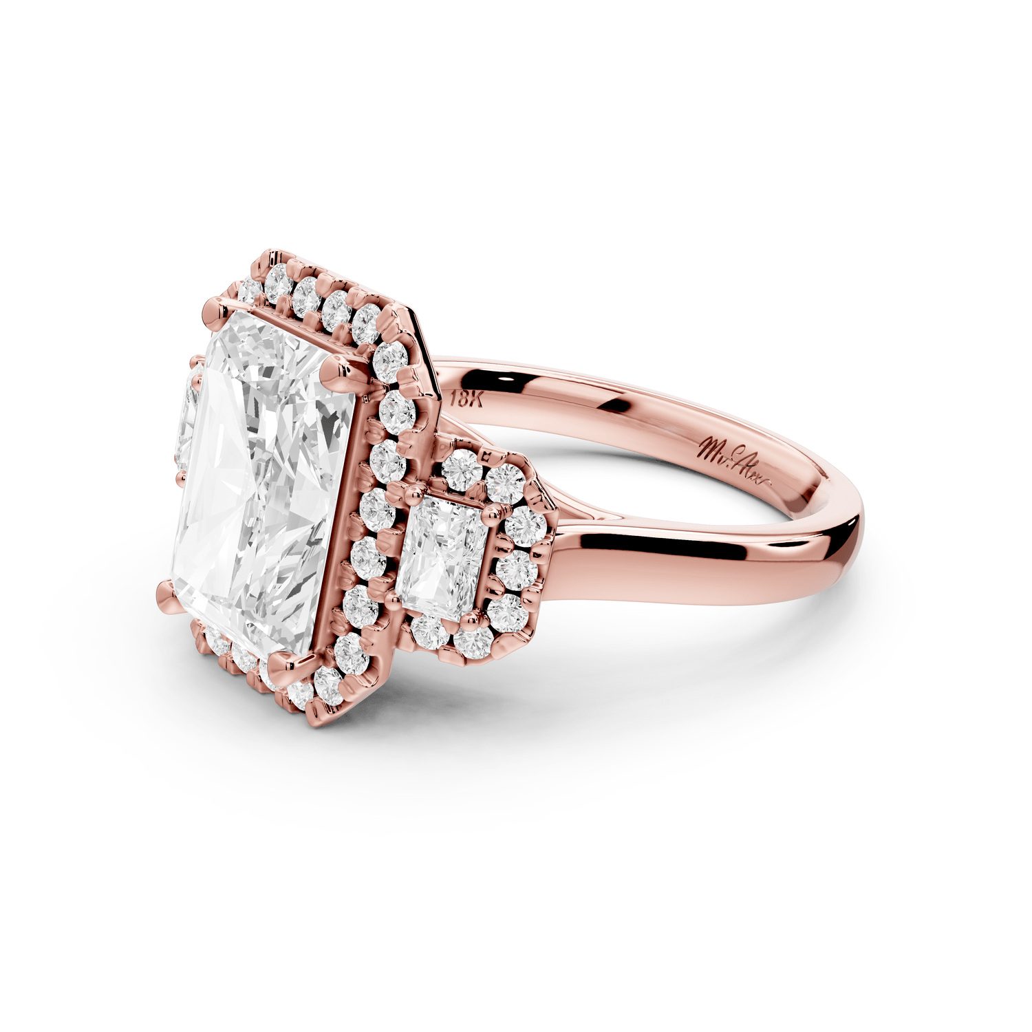 Iris - 3ct 18k rose gold Three stone radiant Halo engagement ring - Mr. Alex Jewelry