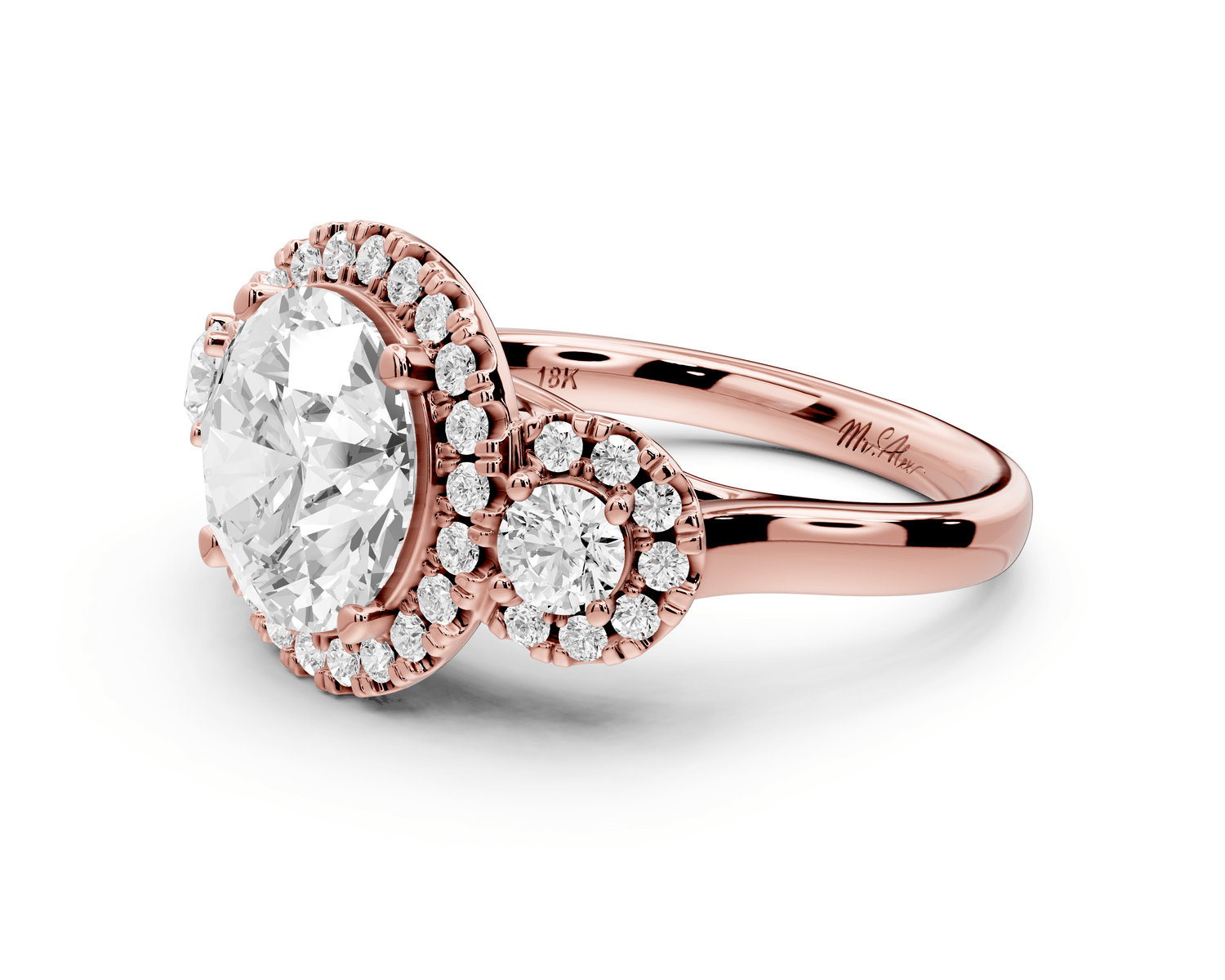 Iris - 3ct 18k rose gold Three stone round Halo engagement ring - Mr. Alex Jewelry