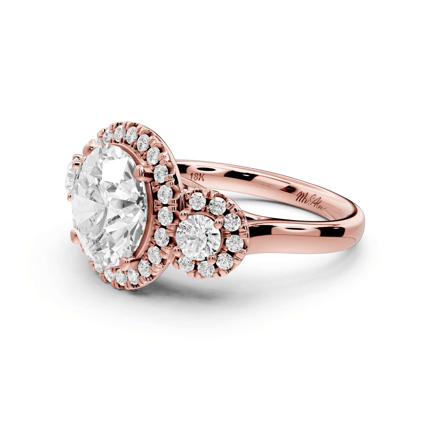 Iris - 3ct 18k rose gold Three stone round Halo engagement ring - Mr. Alex Jewelry