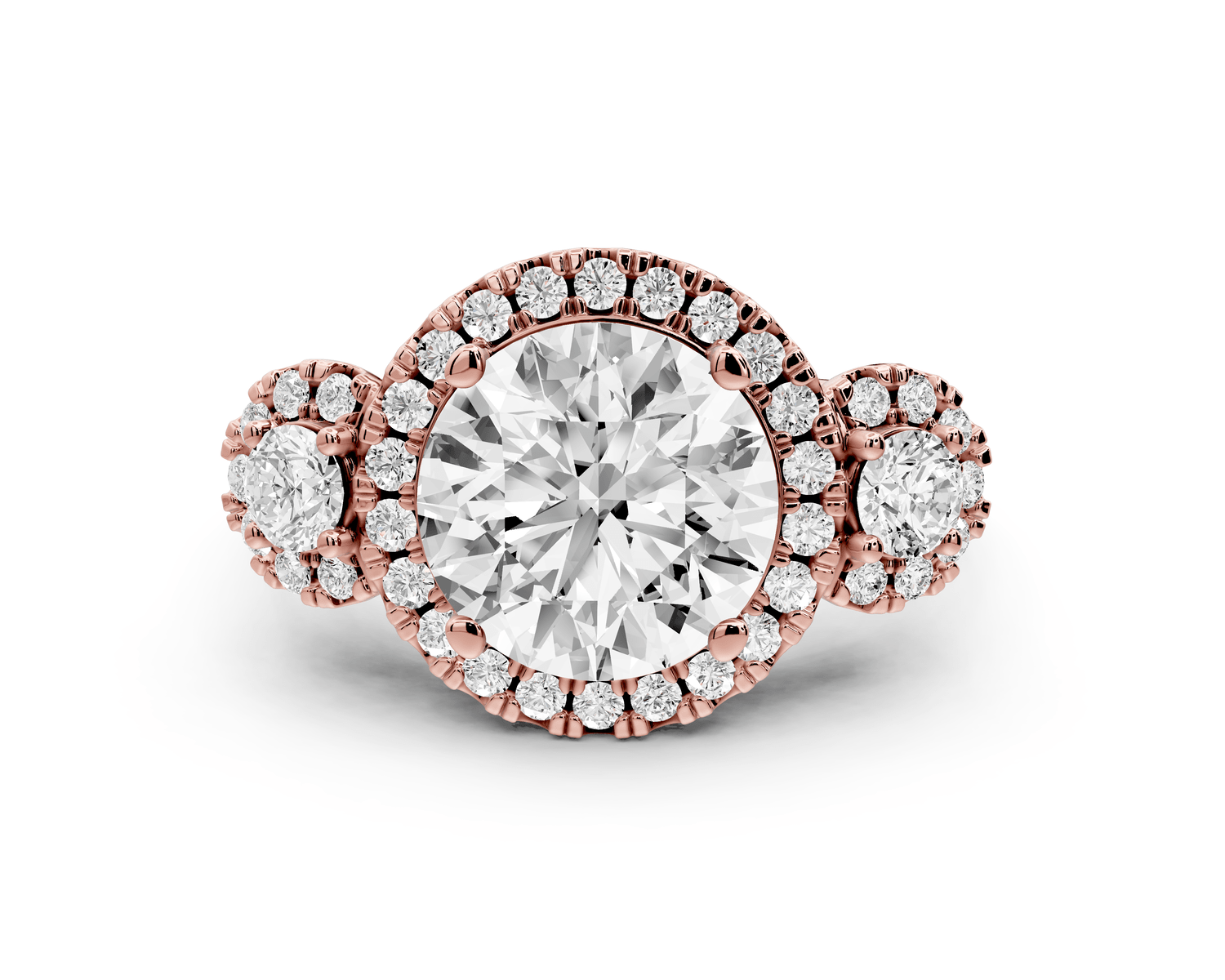 Iris - 3ct 18k rose gold Three stone round Halo engagement ring - Mr. Alex Jewelry