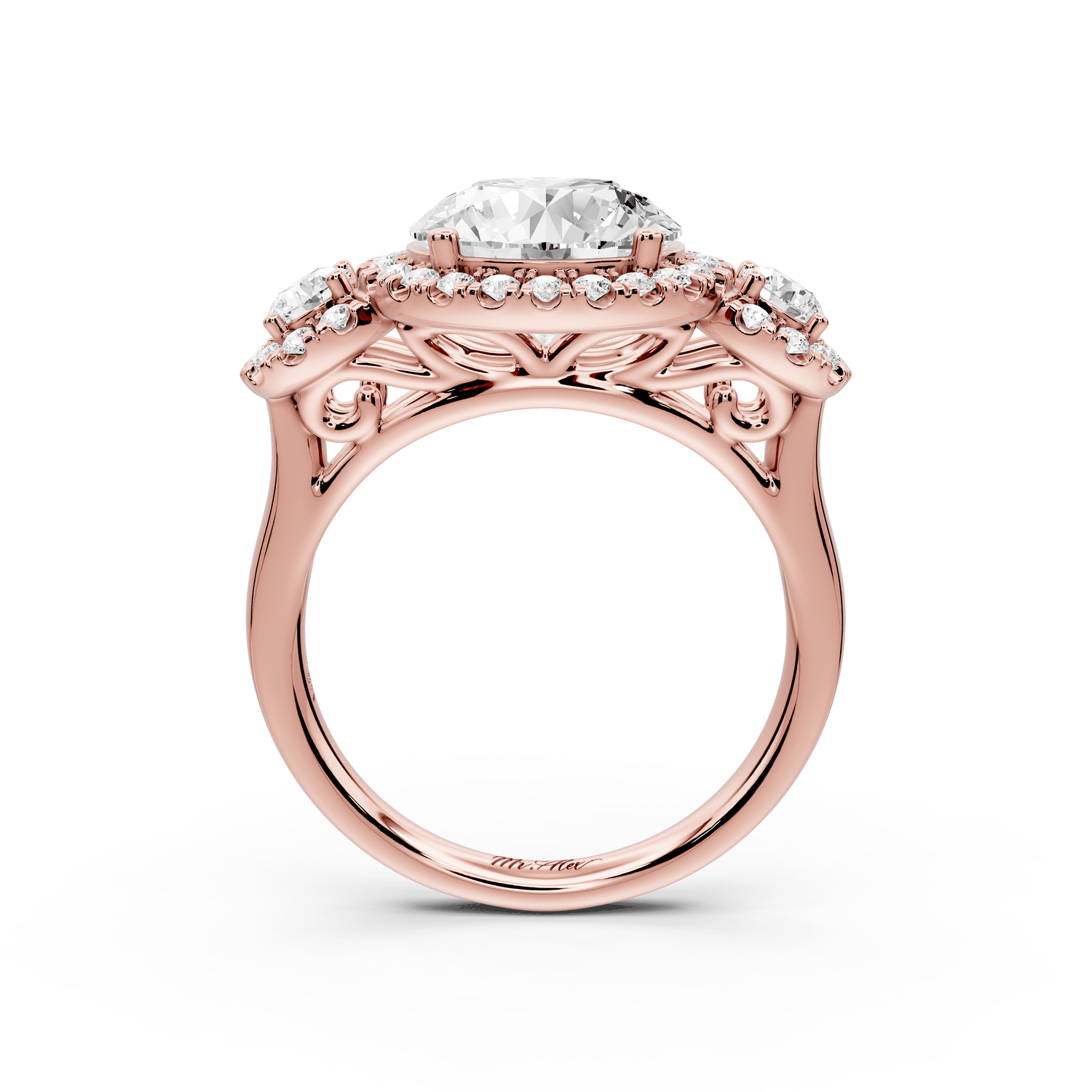 Iris - 3ct 18k rose gold Three stone round Halo engagement ring - Mr. Alex Jewelry