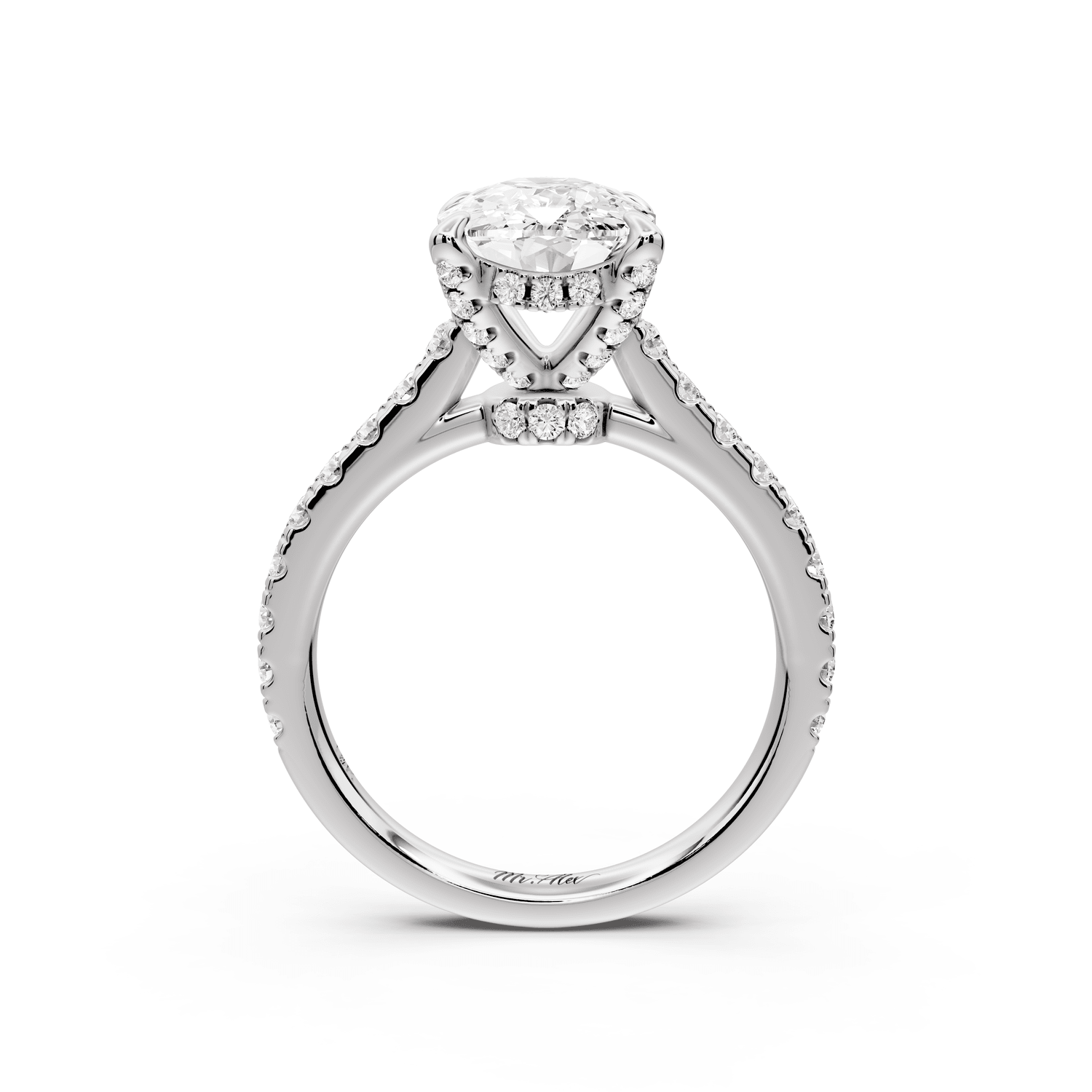 Iris - 3ct 18k white gold Three stone Elongated Cushion Halo engagement ring - Mr. Alex Jewelry