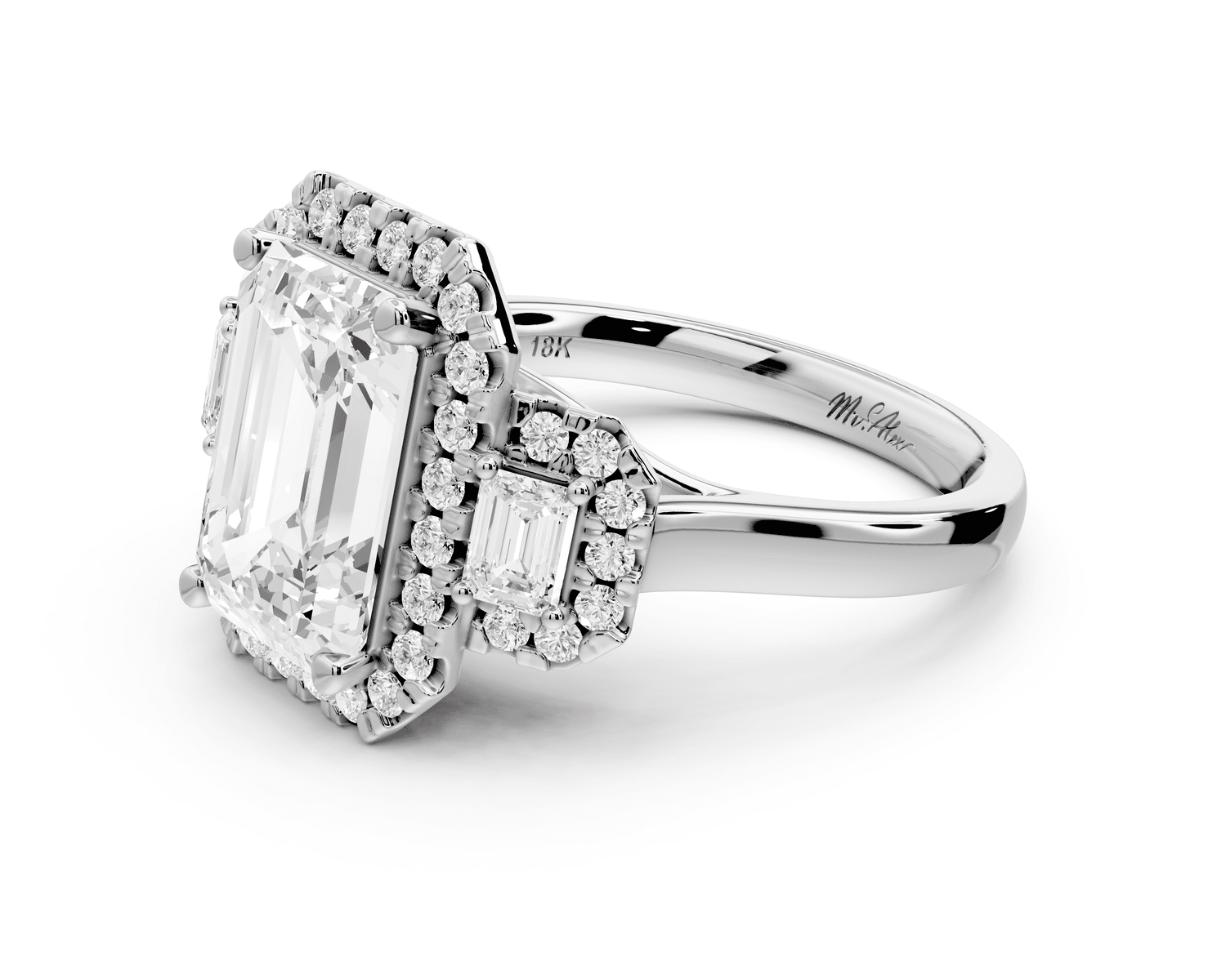 Iris - 3ct 18k white gold Three stone emerald Halo engagement ring - Mr. Alex Jewelry