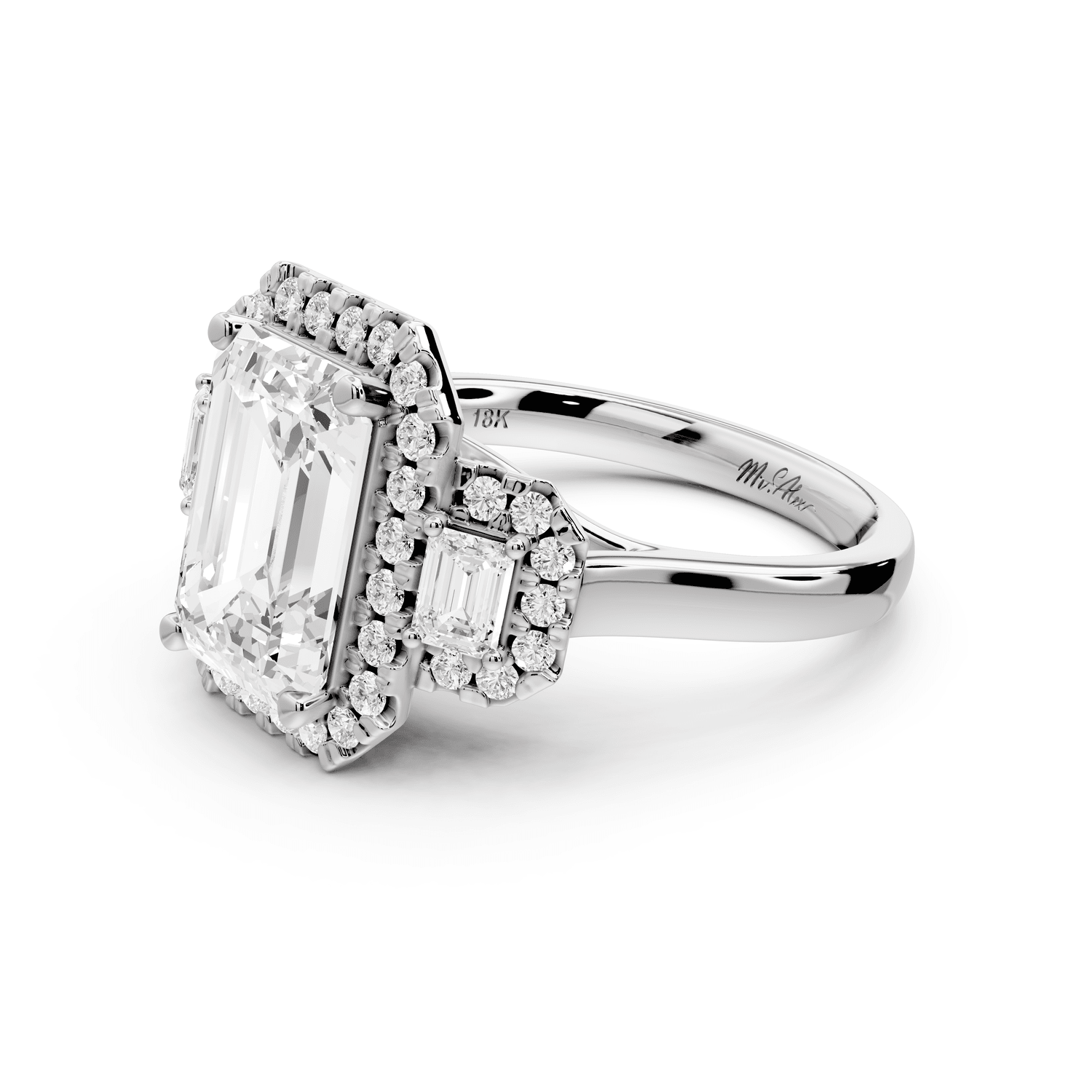 Iris - 3ct 18k white gold Three stone emerald Halo engagement ring - Mr. Alex Jewelry