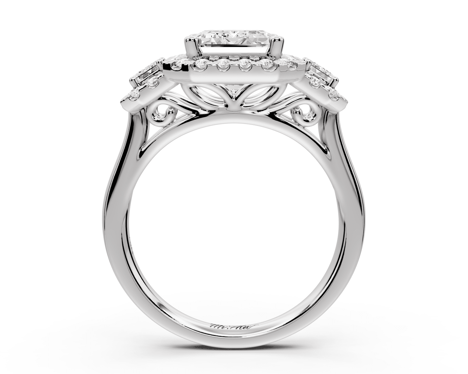Iris - 3ct 18k white gold Three stone emerald Halo engagement ring - Mr. Alex Jewelry
