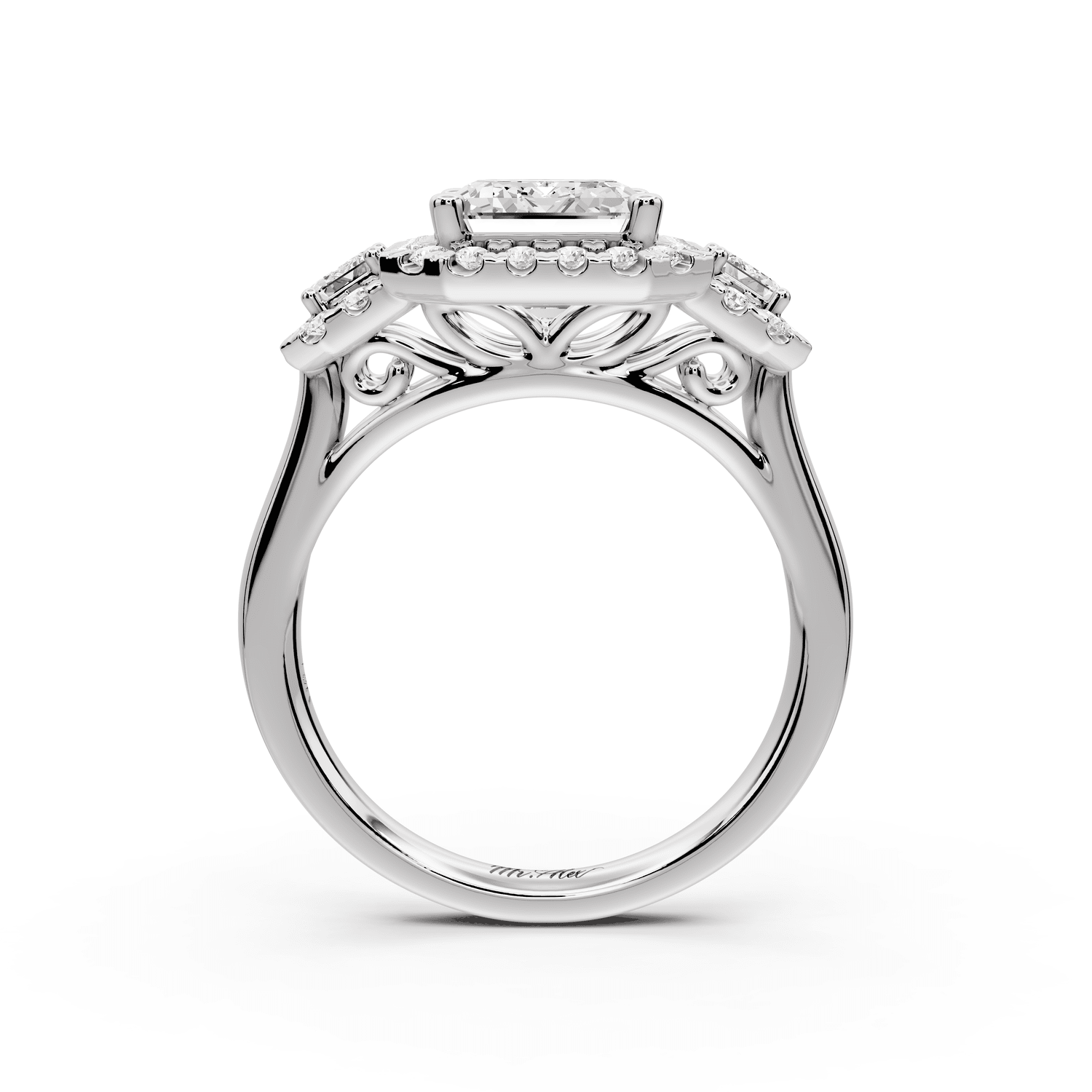 Iris - 3ct 18k white gold Three stone emerald Halo engagement ring - Mr. Alex Jewelry