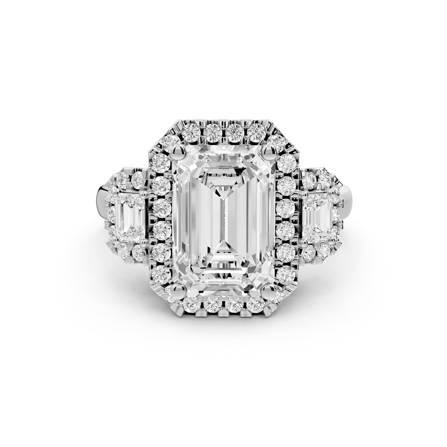 Iris - 3ct 18k white gold Three stone emerald Halo engagement ring - Mr. Alex Jewelry