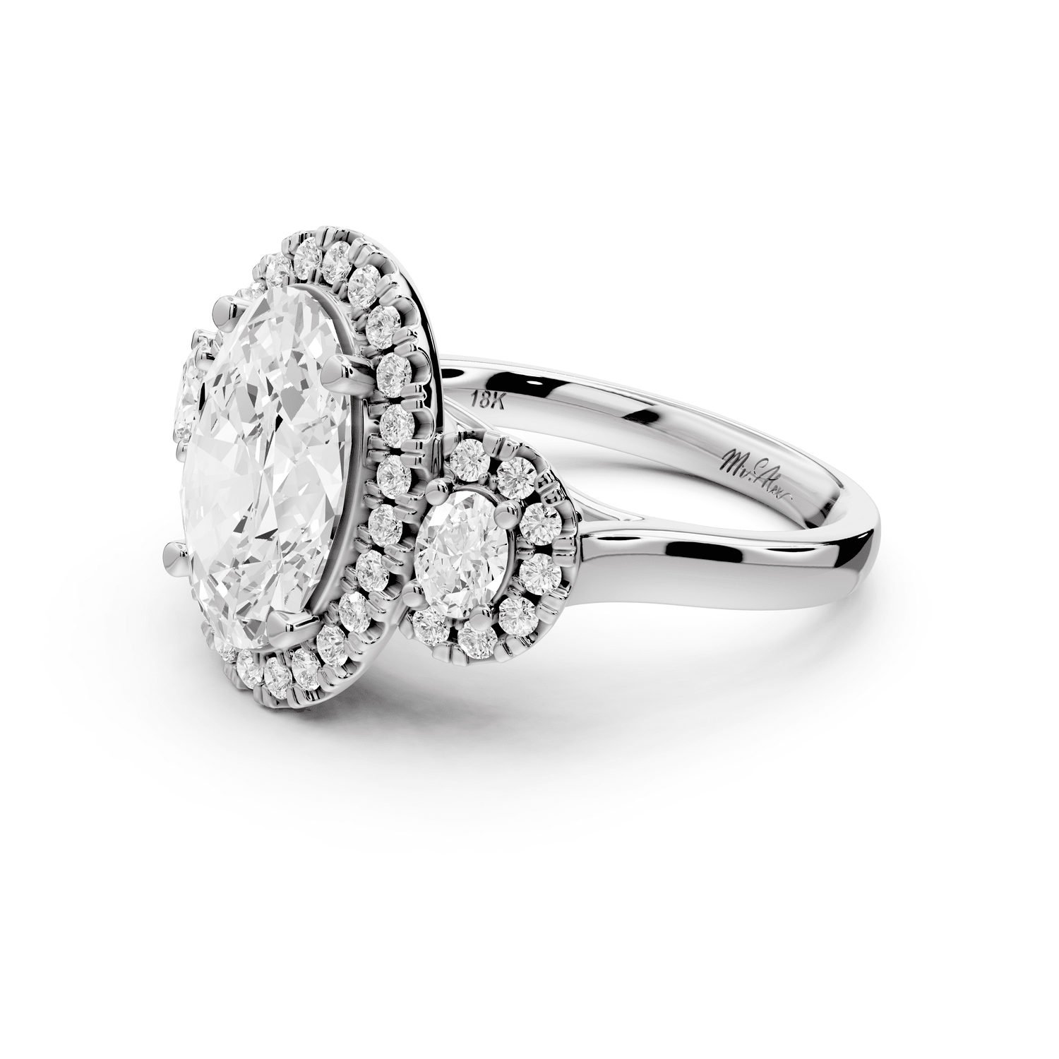 Iris - 3ct 18k white gold Three stone oval Halo engagement ring - Mr. Alex Jewelry
