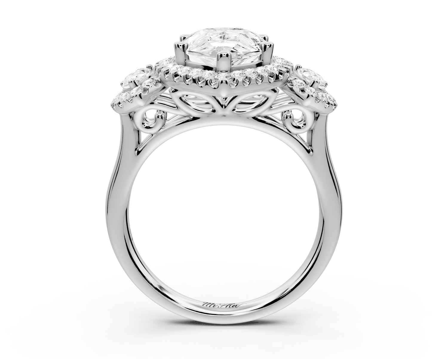 Iris - 3ct 18k white gold Three stone pear Halo engagement ring - Mr. Alex Jewelry