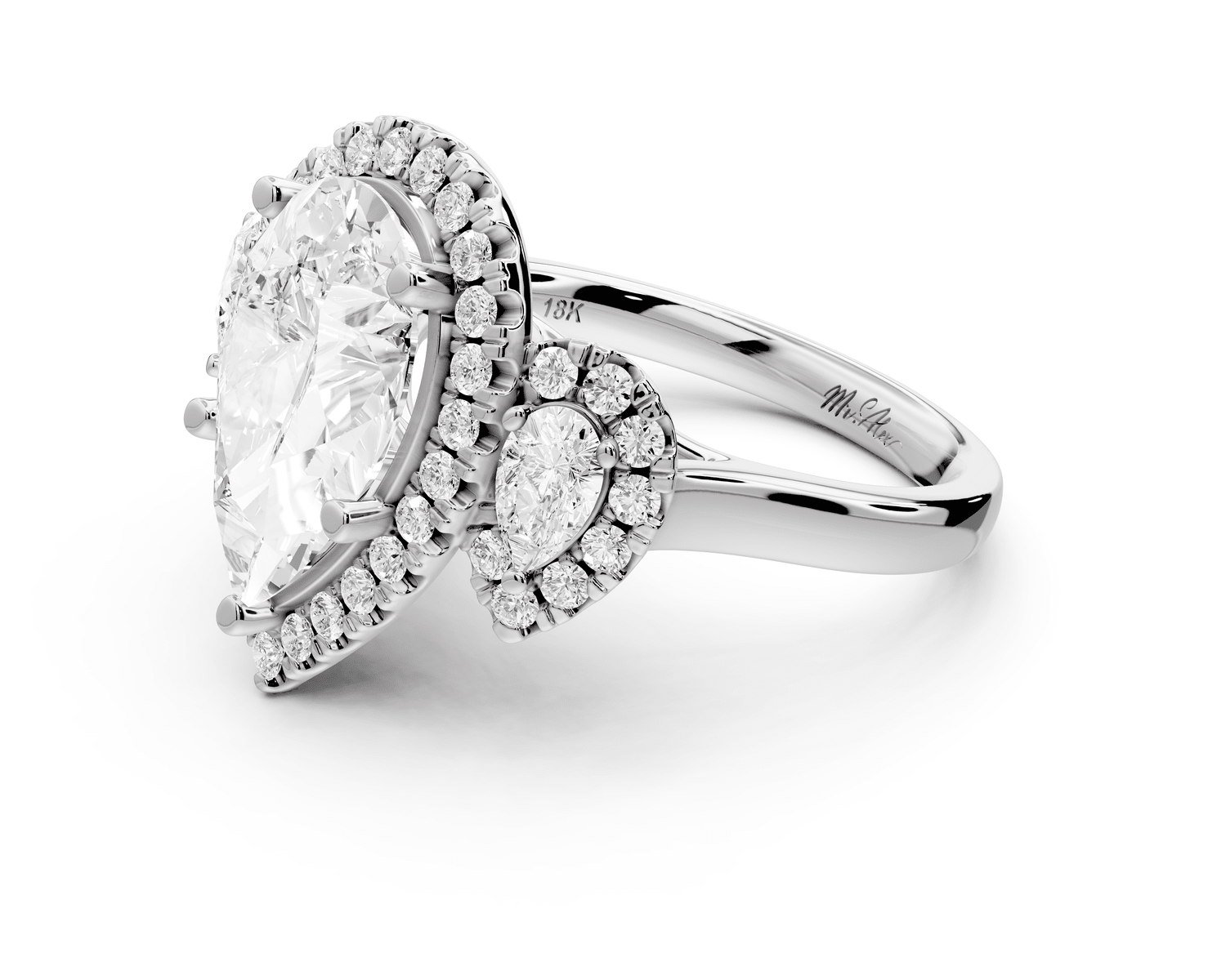 Iris - 3ct 18k white gold Three stone pear Halo engagement ring - Mr. Alex Jewelry