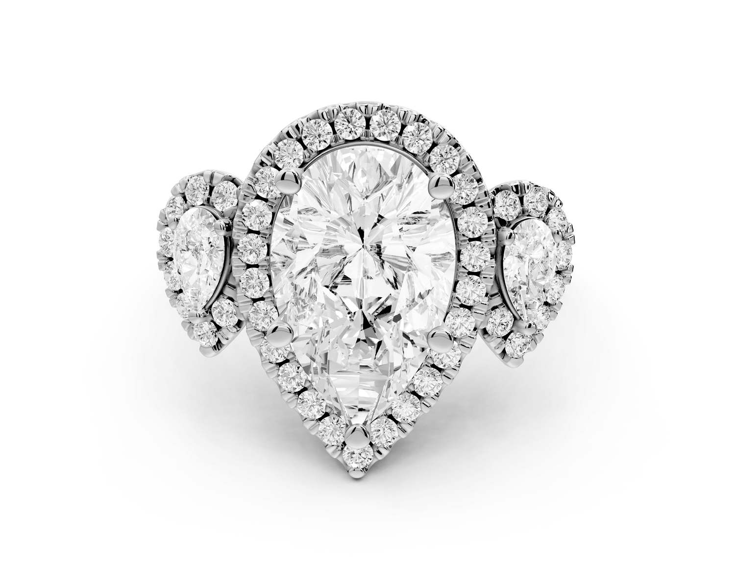 Iris - 3ct 18k white gold Three stone pear Halo engagement ring - Mr. Alex Jewelry