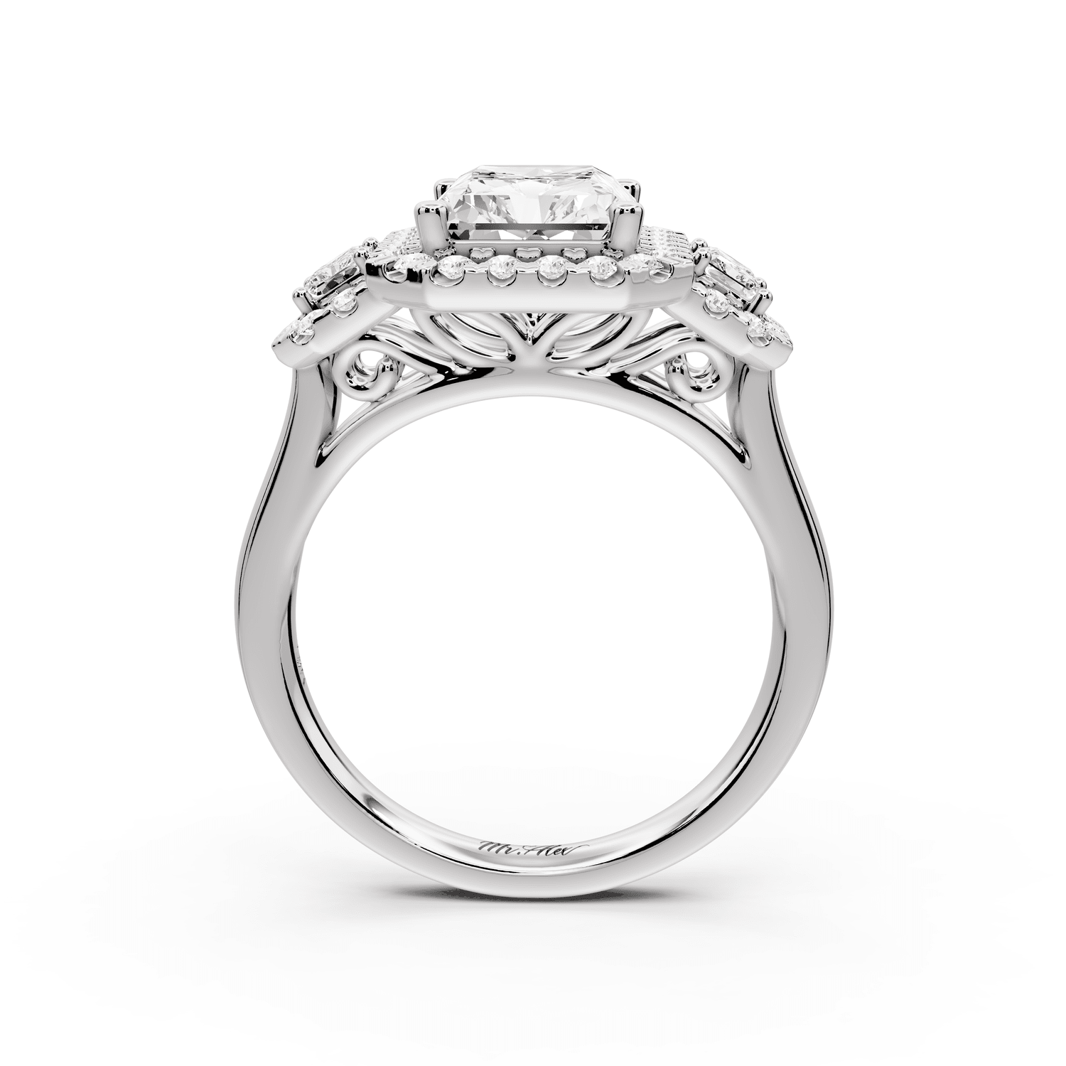 Iris - 3ct 18k white gold Three stone radiant Halo engagement ring - Mr. Alex Jewelry