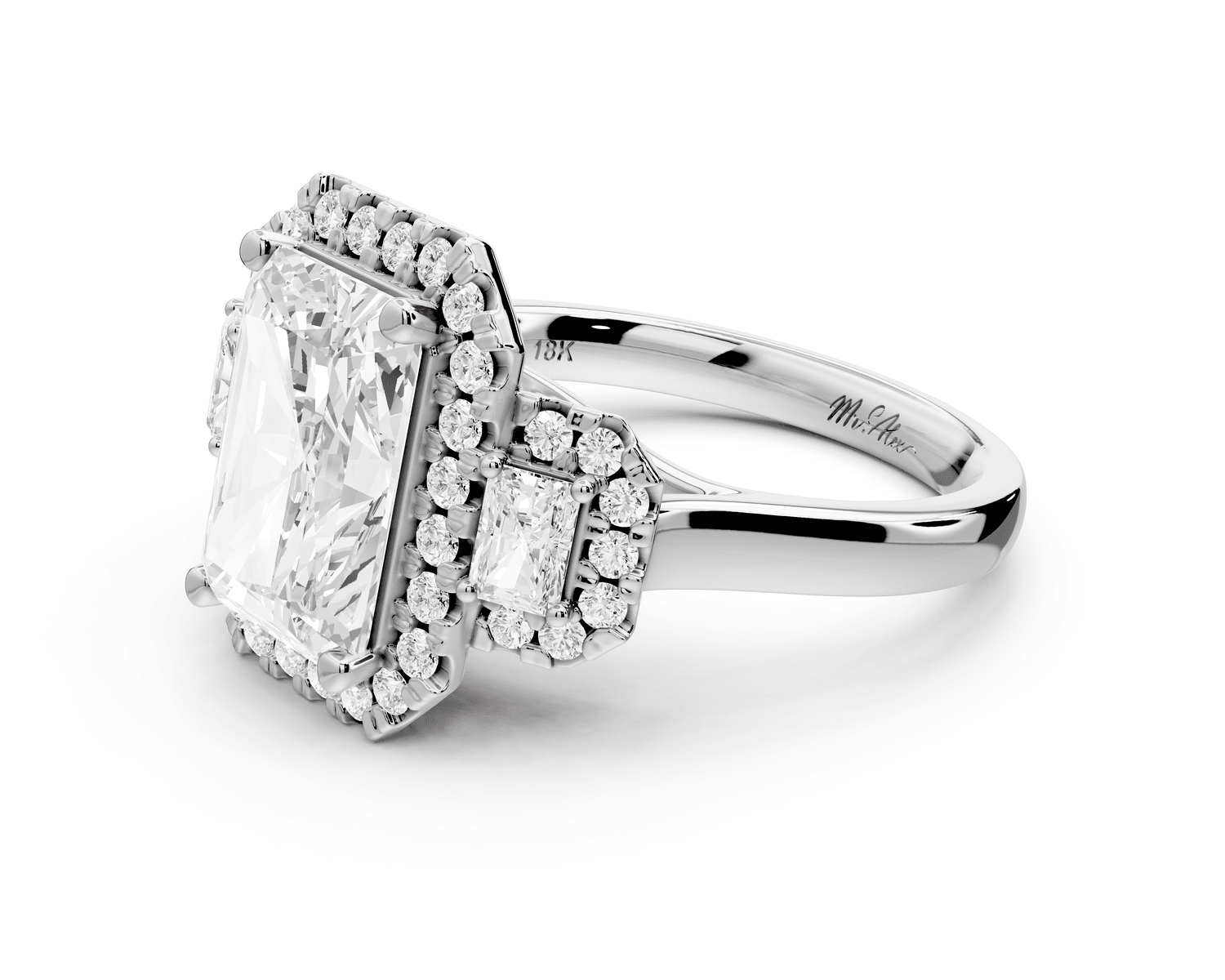 Iris - 3ct 18k white gold Three stone radiant Halo engagement ring - Mr. Alex Jewelry