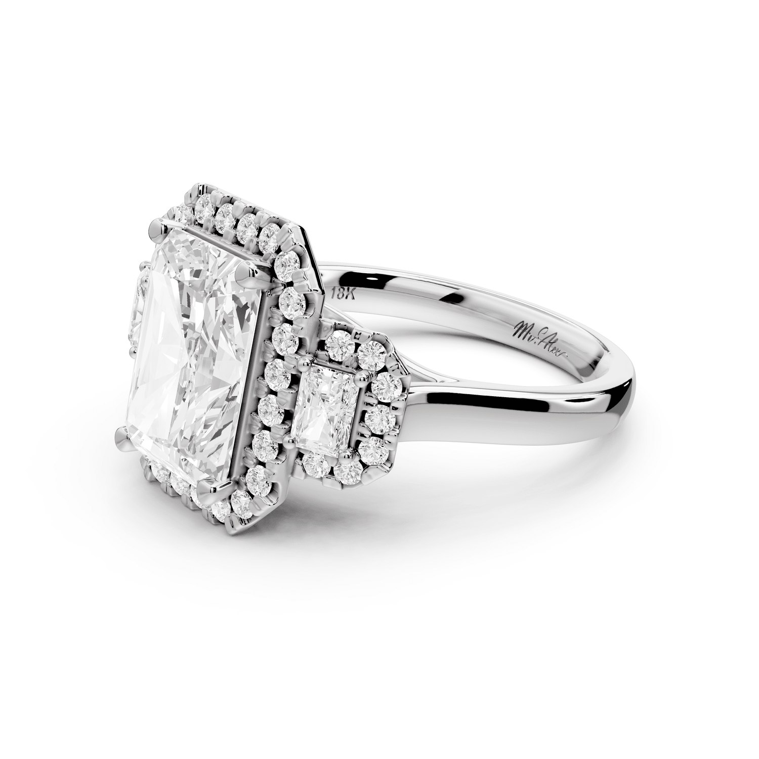 Iris - 3ct 18k white gold Three stone radiant Halo engagement ring - Mr. Alex Jewelry
