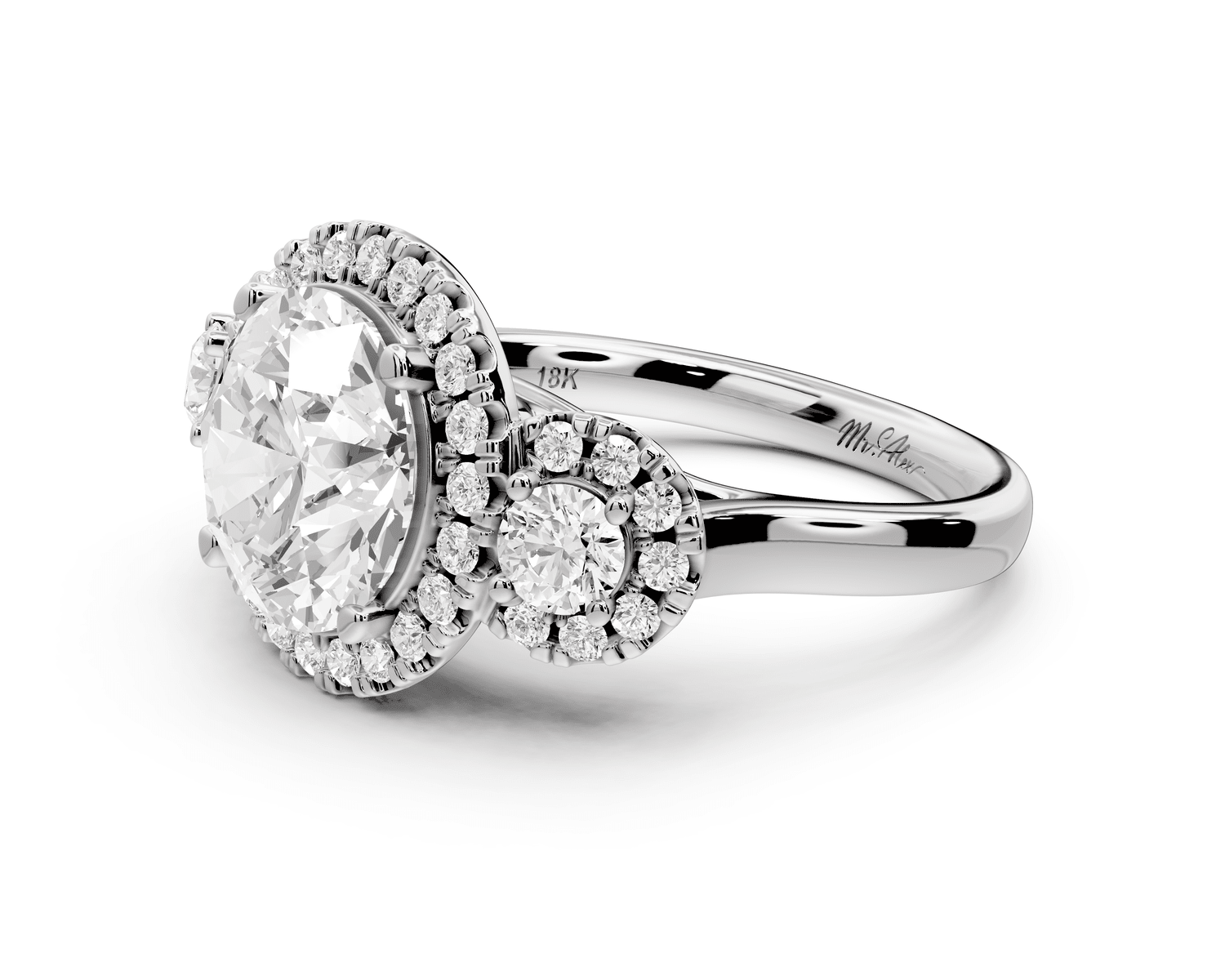 Iris - 3ct 18k white gold Three stone round Halo engagement ring - Mr. Alex Jewelry