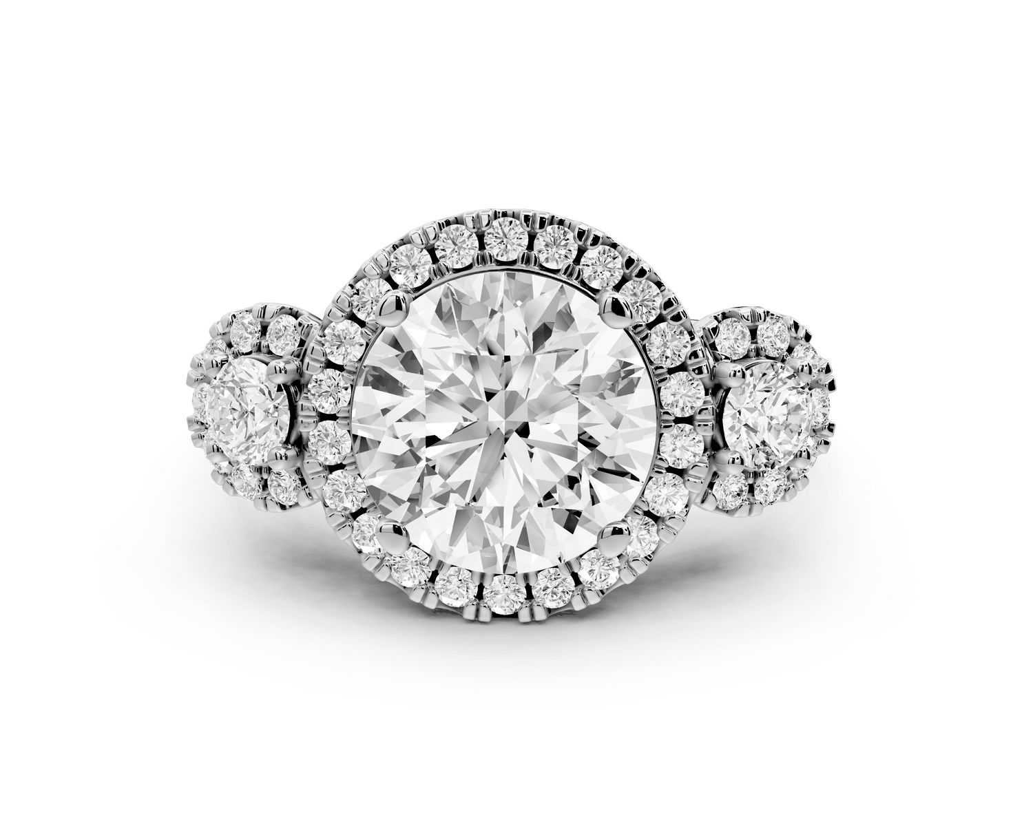 Iris - 3ct 18k white gold Three stone round Halo engagement ring - Mr. Alex Jewelry
