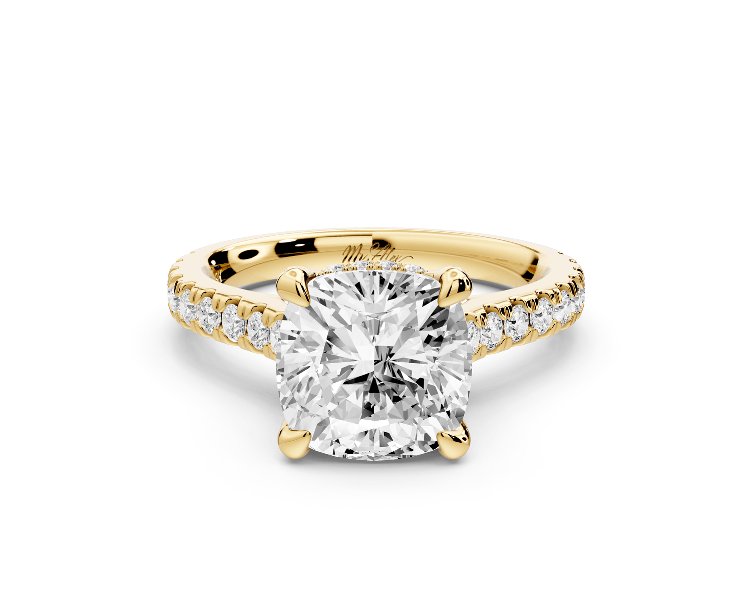 Iris - 3ct 18k yellow gold Three stone cushion Halo engagement ring - Mr. Alex Jewelry