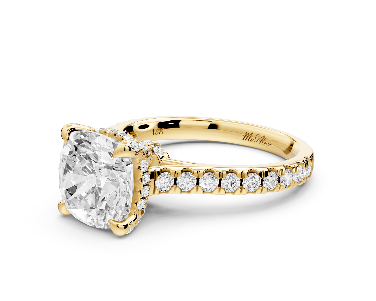 Iris - 3ct 18k yellow gold Three stone cushion Halo engagement ring - Mr. Alex Jewelry