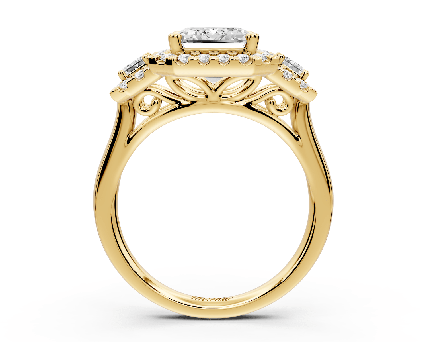 Iris - 3ct 18k yellow gold Three stone emerald Halo engagement ring - Mr. Alex Jewelry