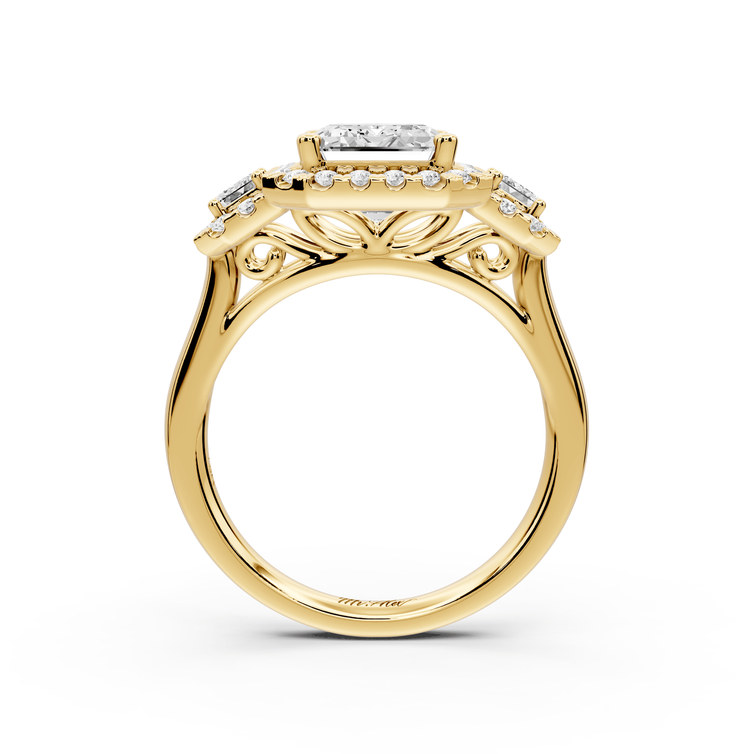 Iris - 3ct 18k yellow gold Three stone emerald Halo engagement ring - Mr. Alex Jewelry