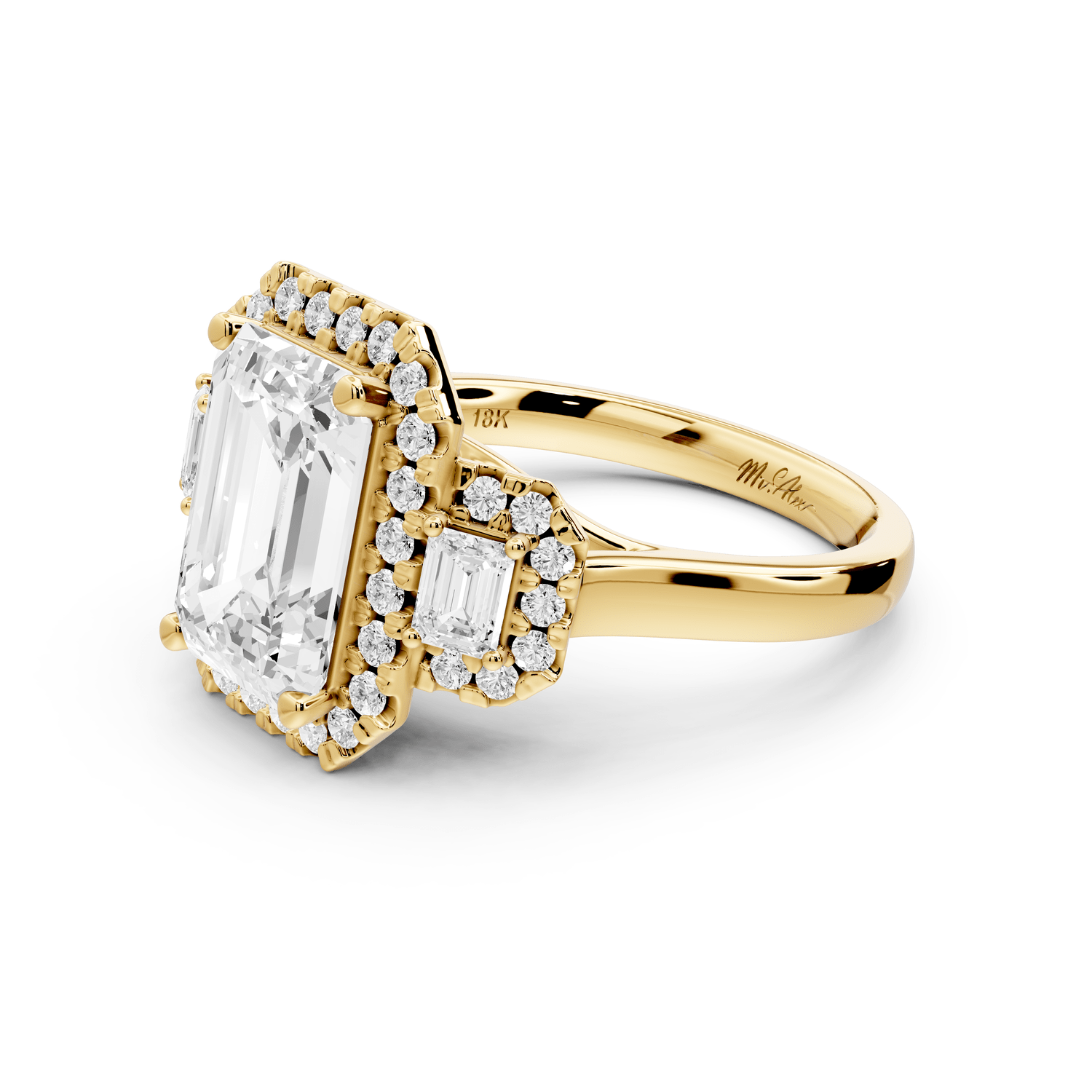 Iris - 3ct 18k yellow gold Three stone emerald Halo engagement ring - Mr. Alex Jewelry