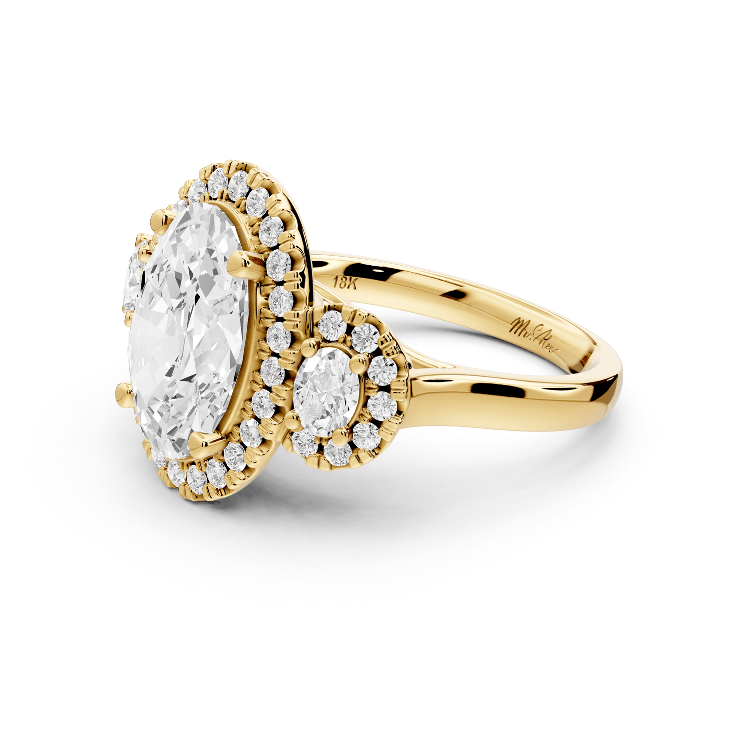 Iris - 3ct 18k yellow gold Three stone oval Halo engagement ring - Mr. Alex Jewelry