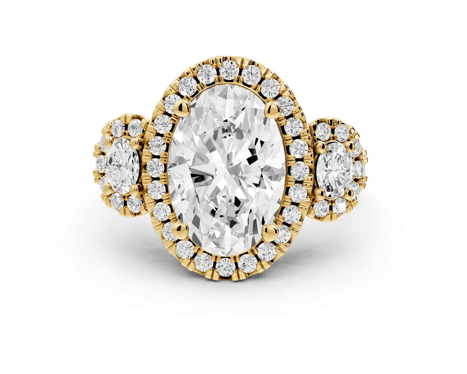 Iris - 3ct 18k yellow gold Three stone oval Halo engagement ring - Mr. Alex Jewelry